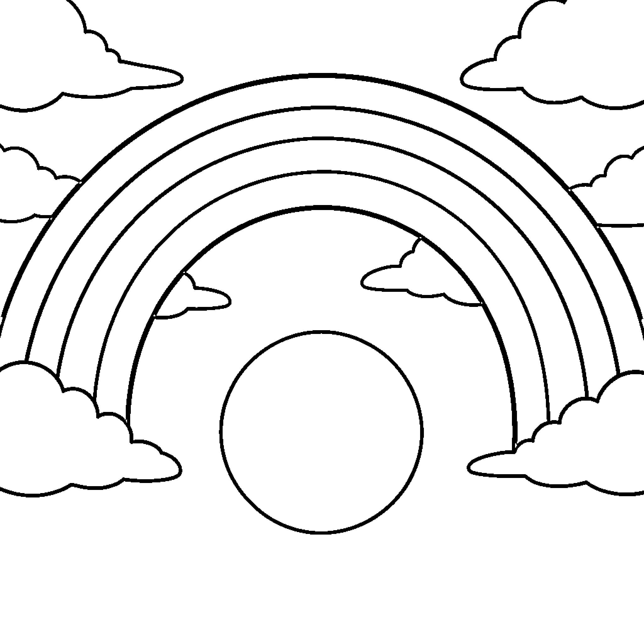 Rainbow arching over clouds and a bright sun Coloring Page (free black-and-white line drawing printable PDF for all, from beginners to advanced learners, including children, teens, adults, and seniors)