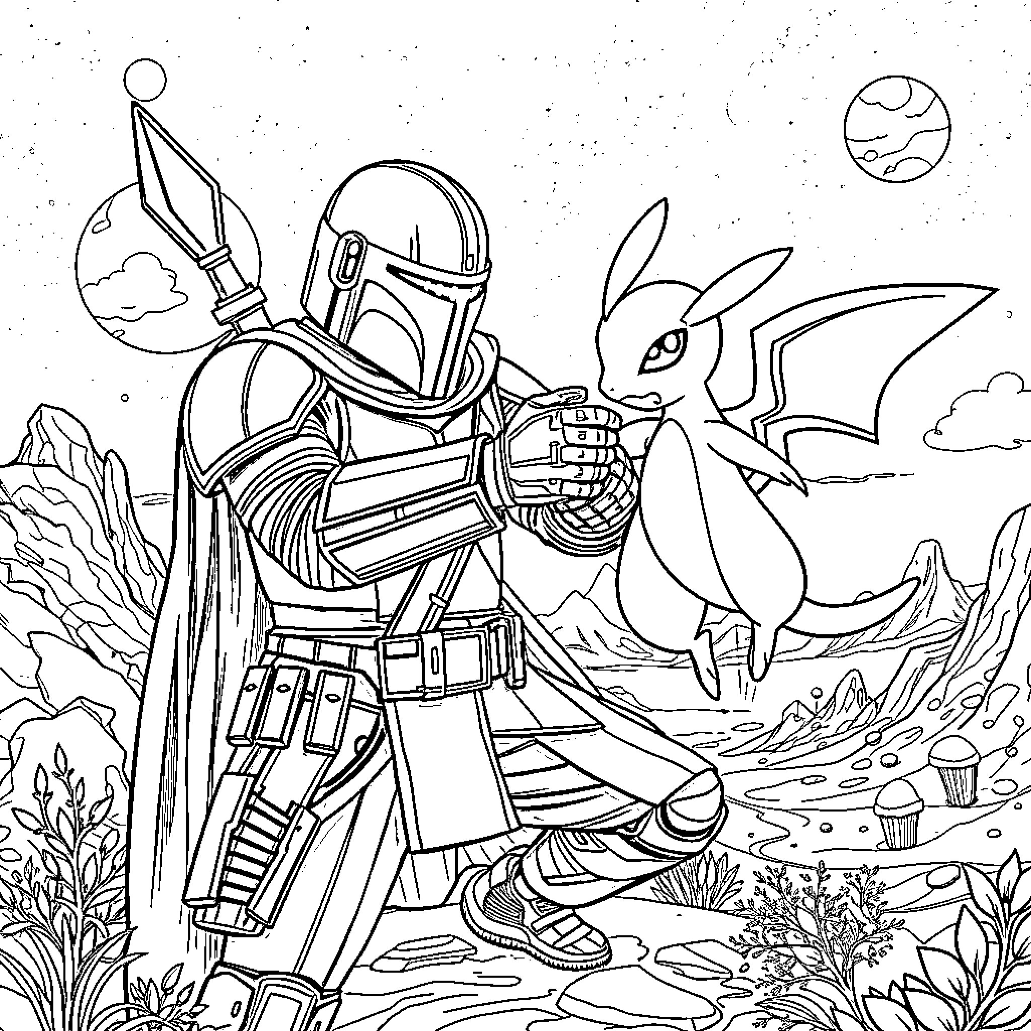 Mandalorian warrior and mythical creature in alien landscape Coloring Page (free black-and-white line drawing printable PDF for all, from beginners to advanced learners, including children, teens, adults, and seniors)