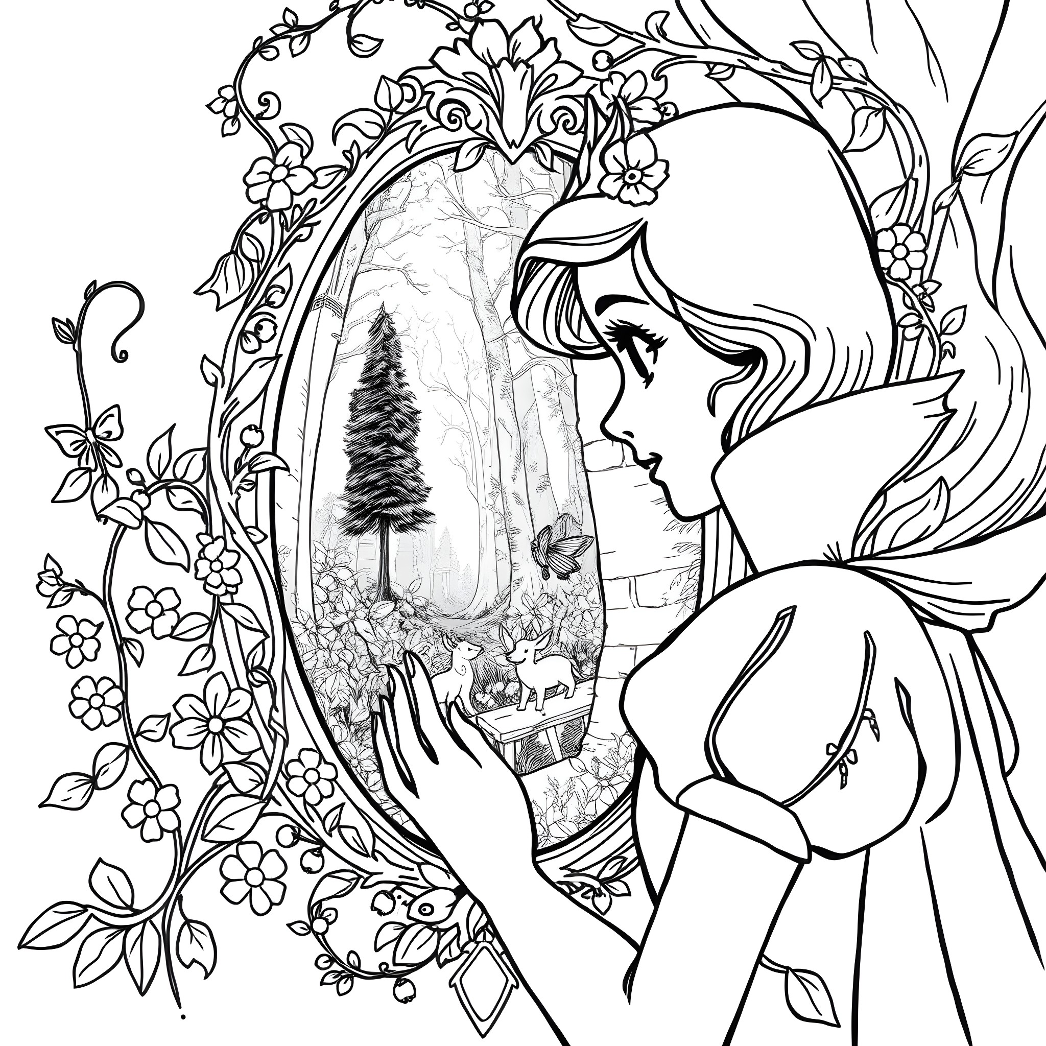 Magic Mirror - A Fairytale Scene with a Woman Coloring Page (free black-and-white line drawing printable PDF for all, from beginners to advanced learners, including children, teens, adults, and seniors)