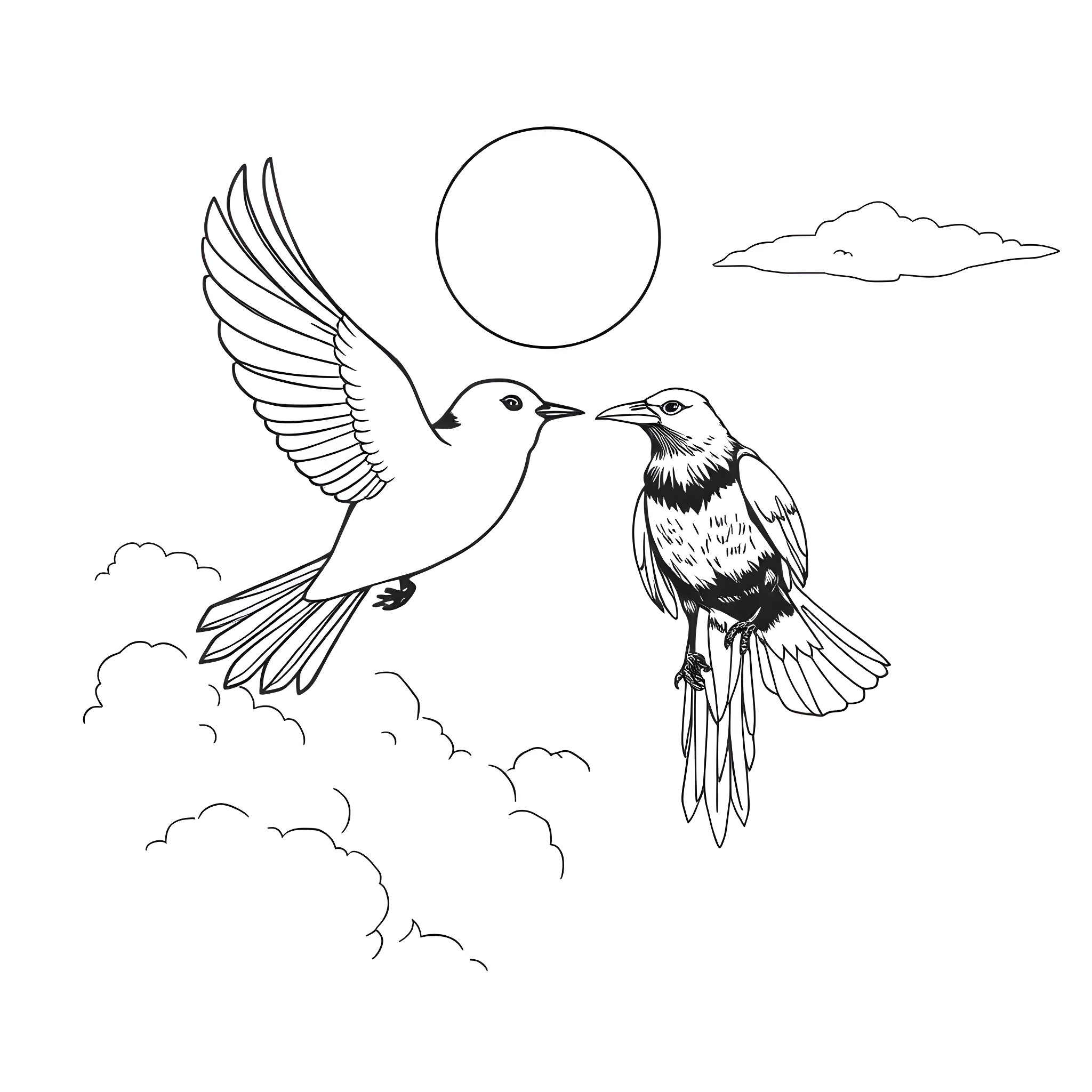 Sparrow birds in flight with celestial moon Coloring Page (free black-and-white line drawing printable PDF for all, from beginners to advanced learners, including children, teens, adults, and seniors)