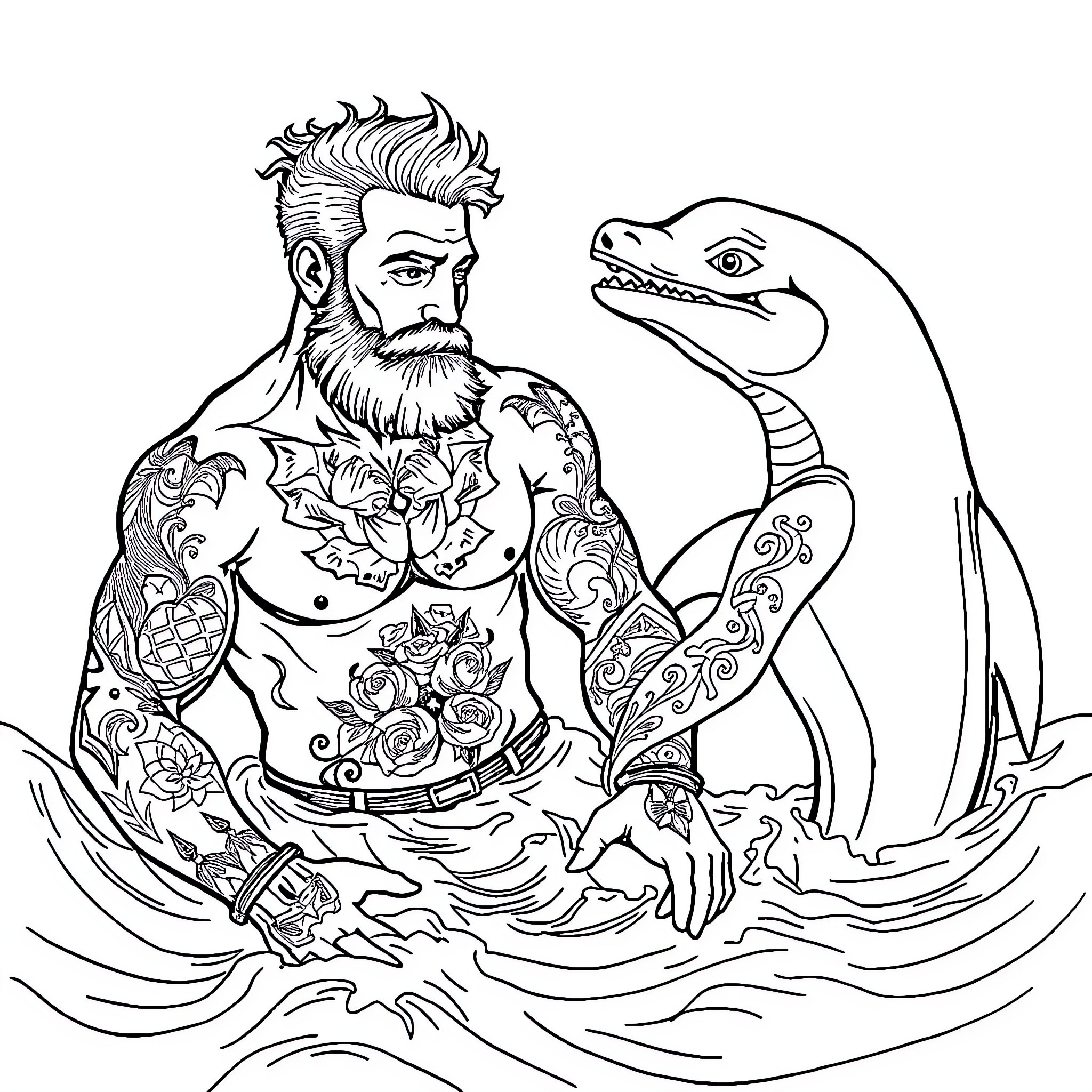 Marinero with tattooed arms and pet sea creature Coloring Page (free black-and-white line drawing printable PDF for all, from beginners to advanced learners, including children, teens, adults, and seniors)