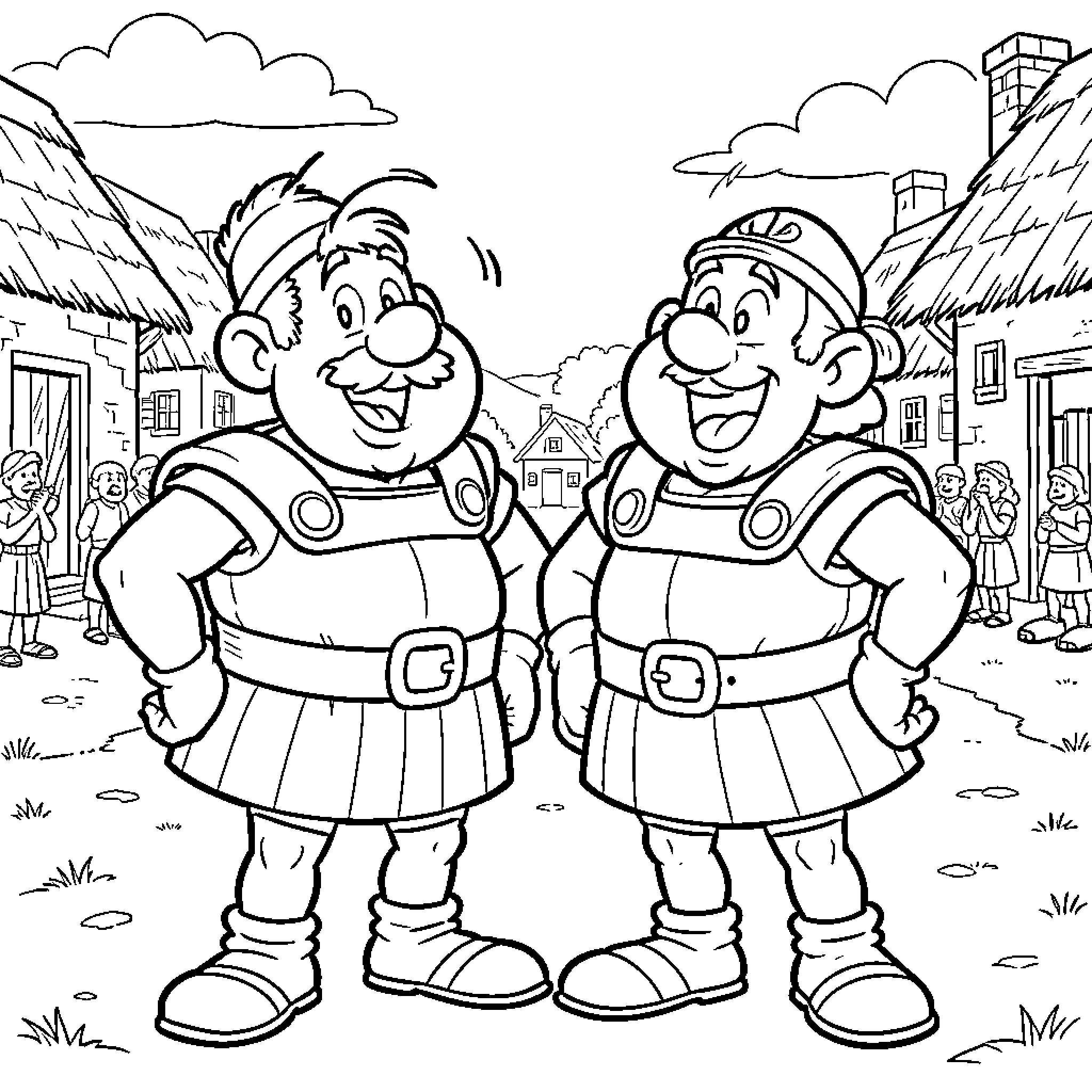 Asterix and Obelix in a Lively Village Scene Coloring Page (free black-and-white line drawing printable PDF for all, from beginners to advanced learners, including children, teens, adults, and seniors)