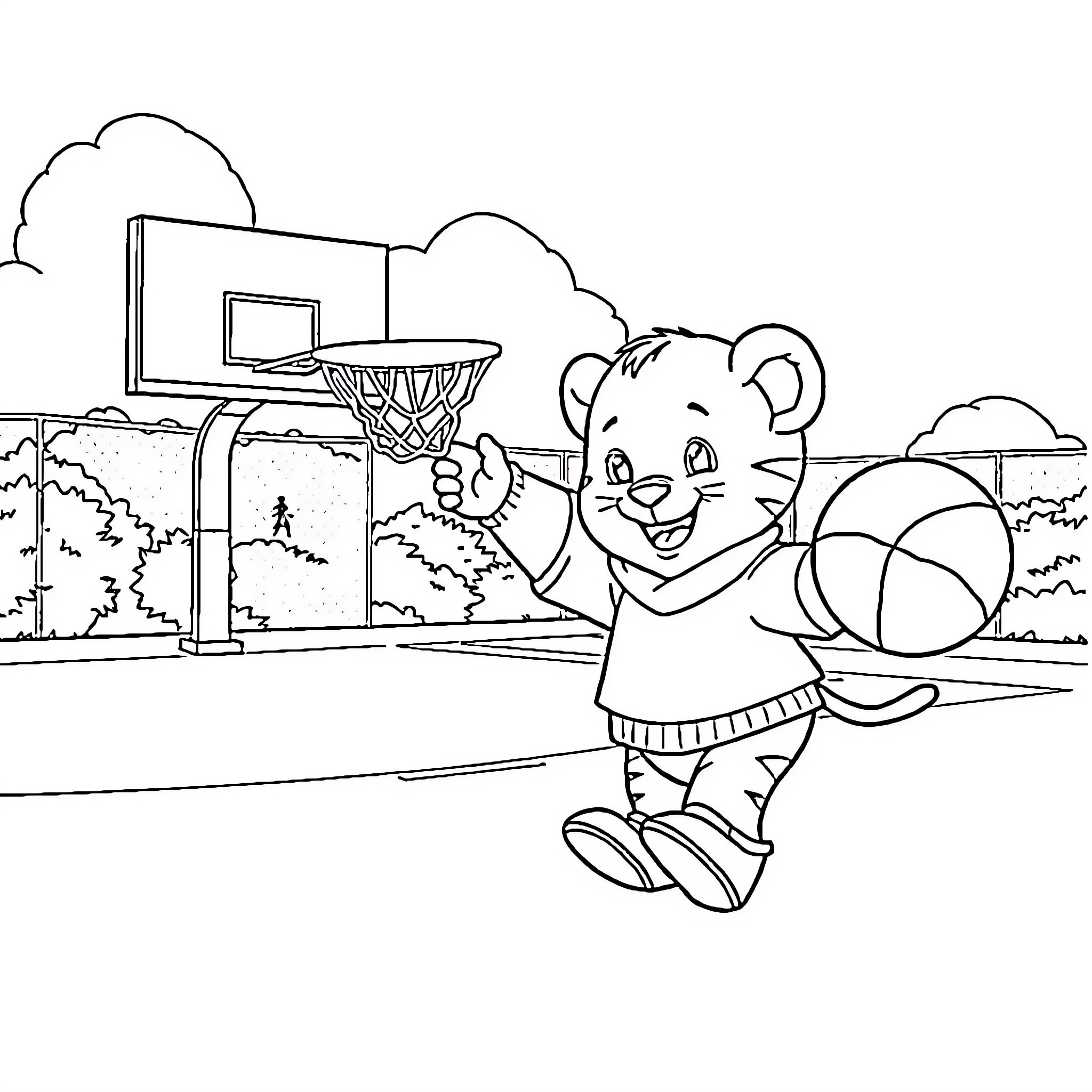 Daniel Tiger playing with basketball on the court Coloring Page (free black-and-white line drawing printable PDF for all, from beginners to advanced learners, including children, teens, adults, and seniors)