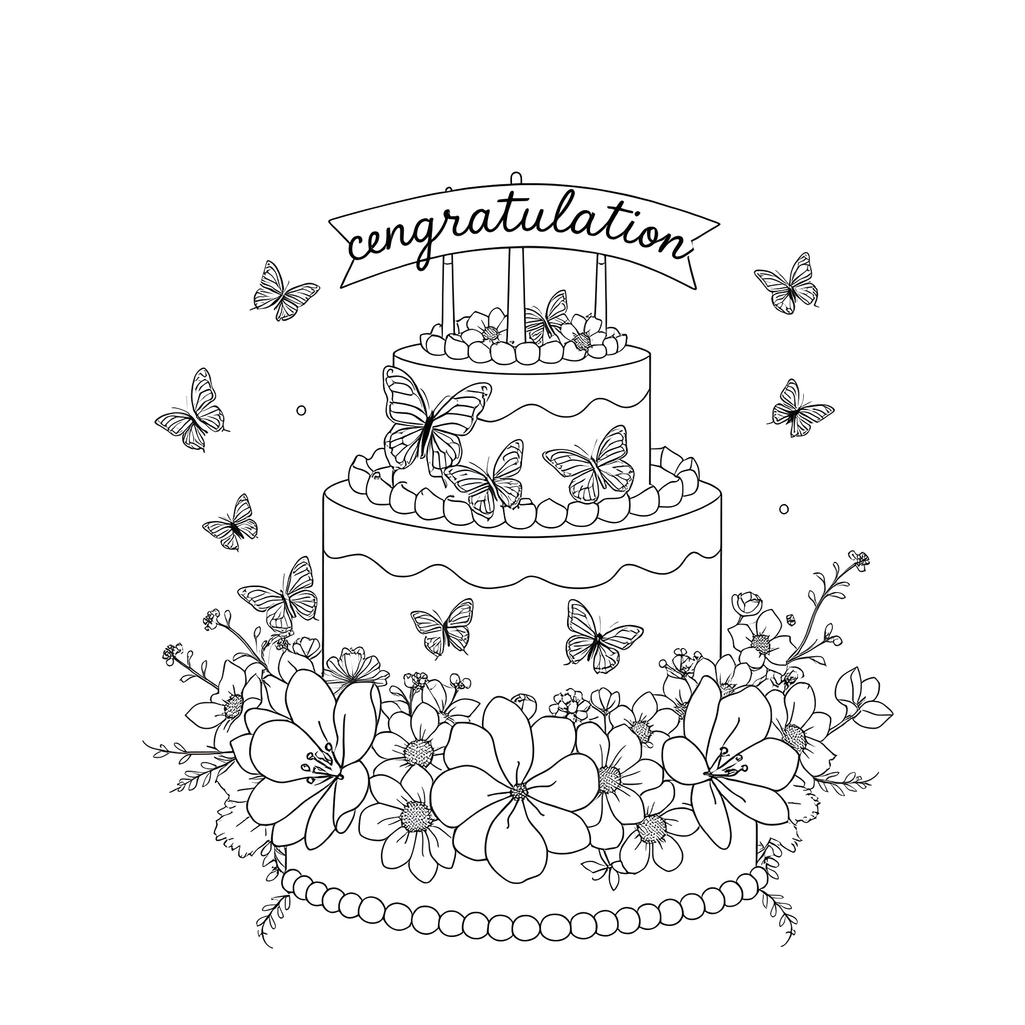 Cake with Butterflies and Flowers Coloring Page (free black-and-white line drawing printable PDF for all, from beginners to advanced learners, including children, teens, adults, and seniors)