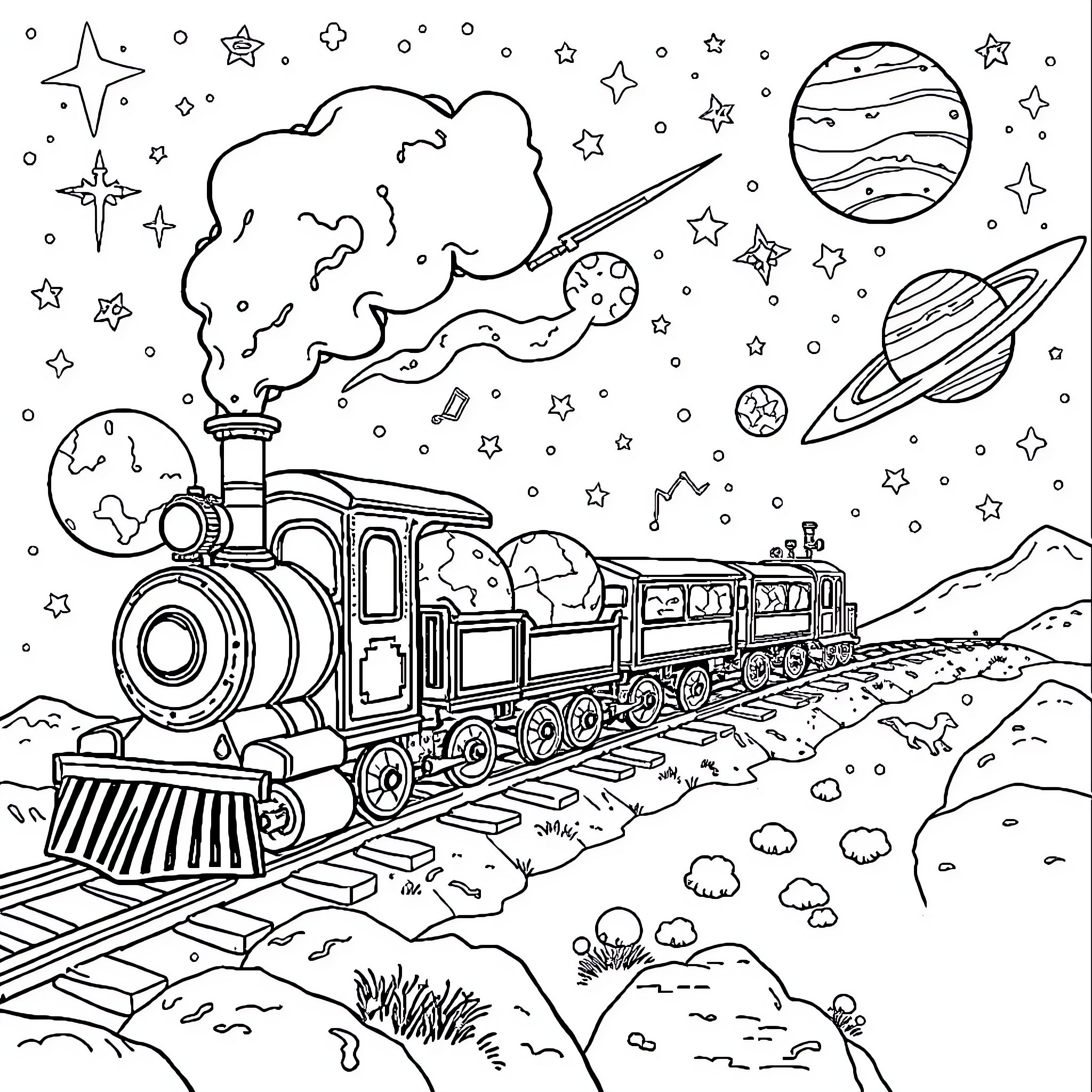 Train journeying through cosmic landscape Coloring Page (free black-and-white line drawing printable PDF for all, from beginners to advanced learners, including children, teens, adults, and seniors)