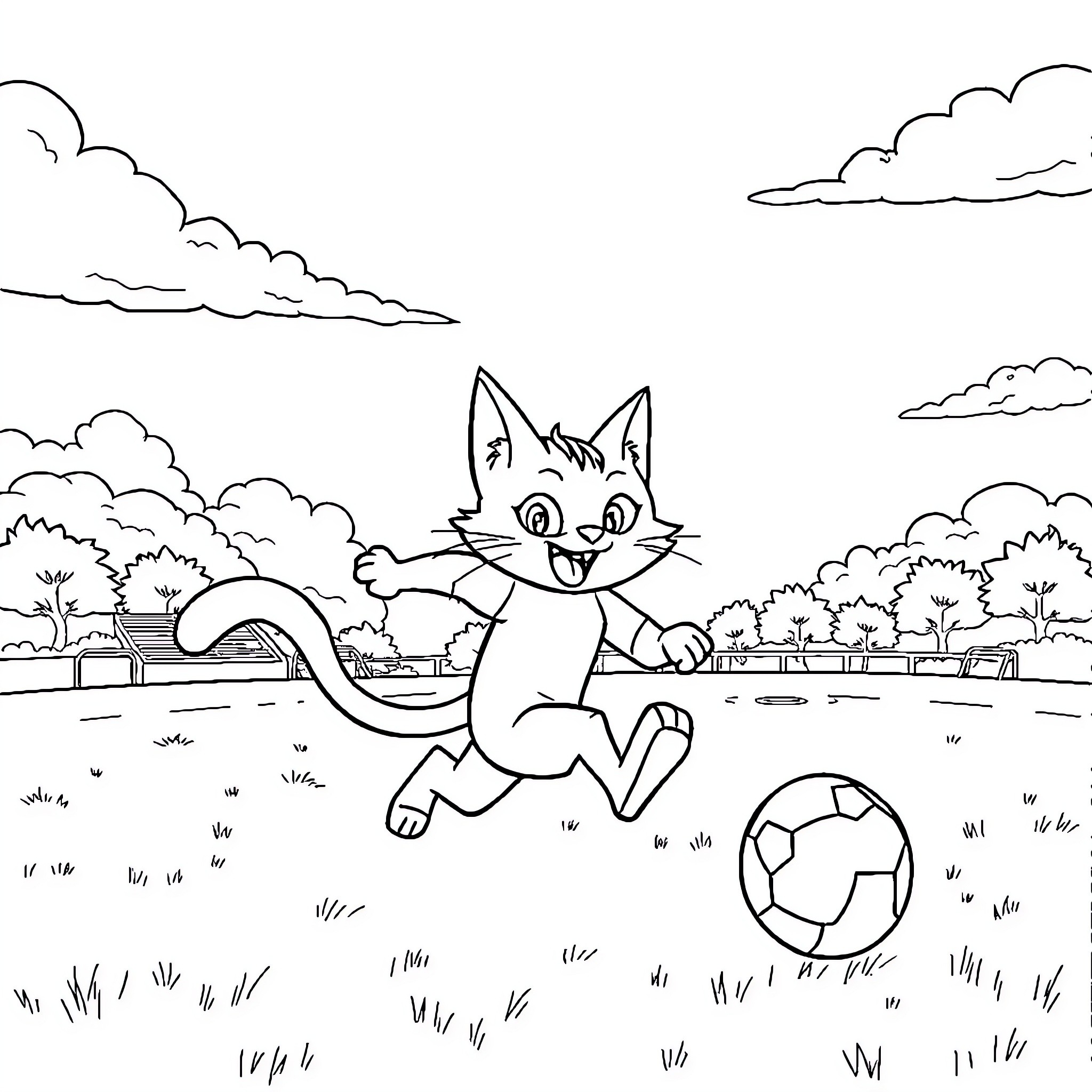 Jibanyan playing with a soccer ball in a park Coloring Page (free black-and-white line drawing printable PDF for all, from beginners to advanced learners, including children, teens, adults, and seniors)