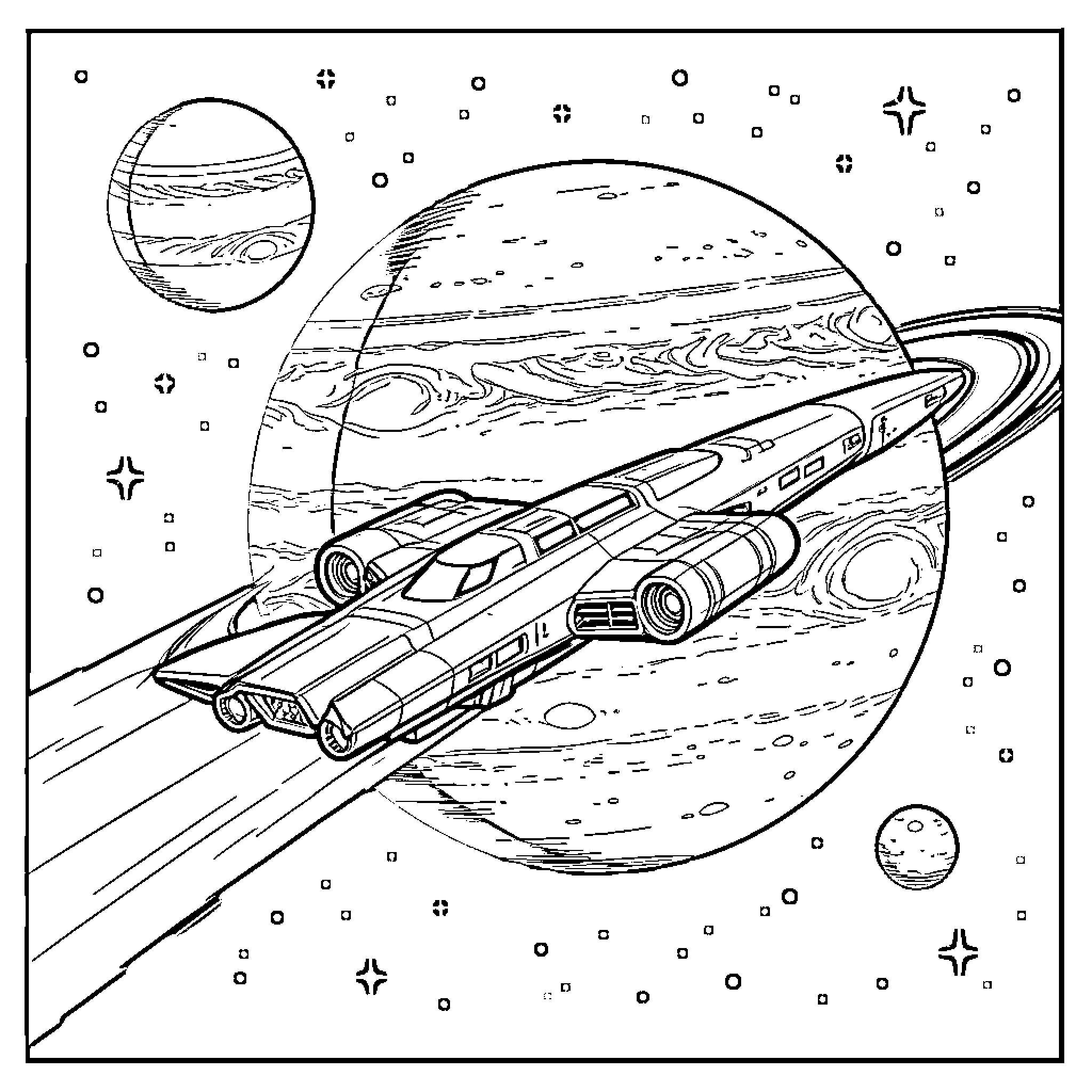 Spaceship traversing through cosmic landscape Coloring Page (free black-and-white line drawing printable PDF for all, from beginners to advanced learners, including children, teens, adults, and seniors)