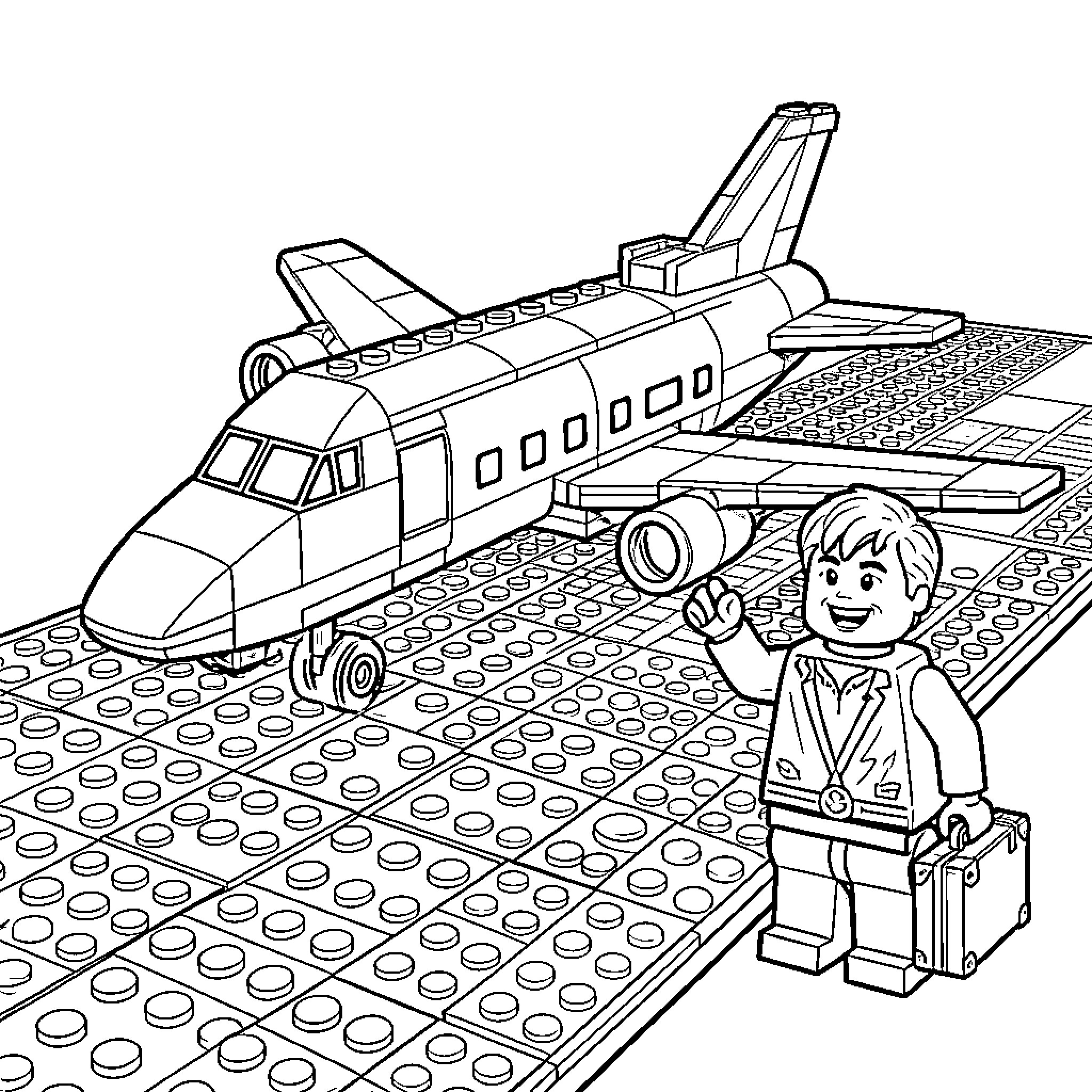 Lego Concorde Airplane with a Smiling Passenger Coloring Page (free black-and-white line drawing printable PDF for all, from beginners to advanced learners, including children, teens, adults, and seniors)