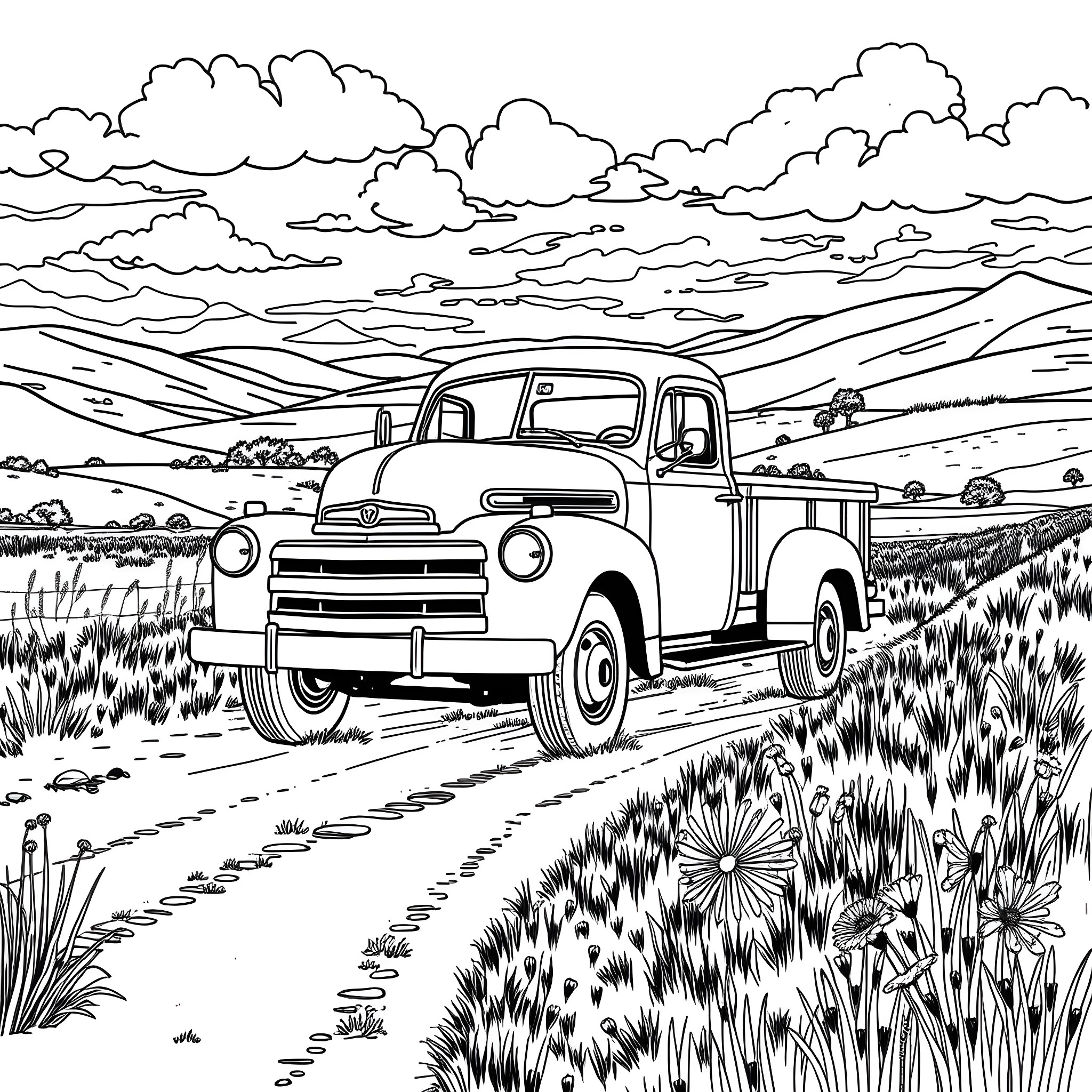 Truck on a rural road in the countryside Coloring Page (free black-and-white line drawing printable PDF for all, from beginners to advanced learners, including children, teens, adults, and seniors)