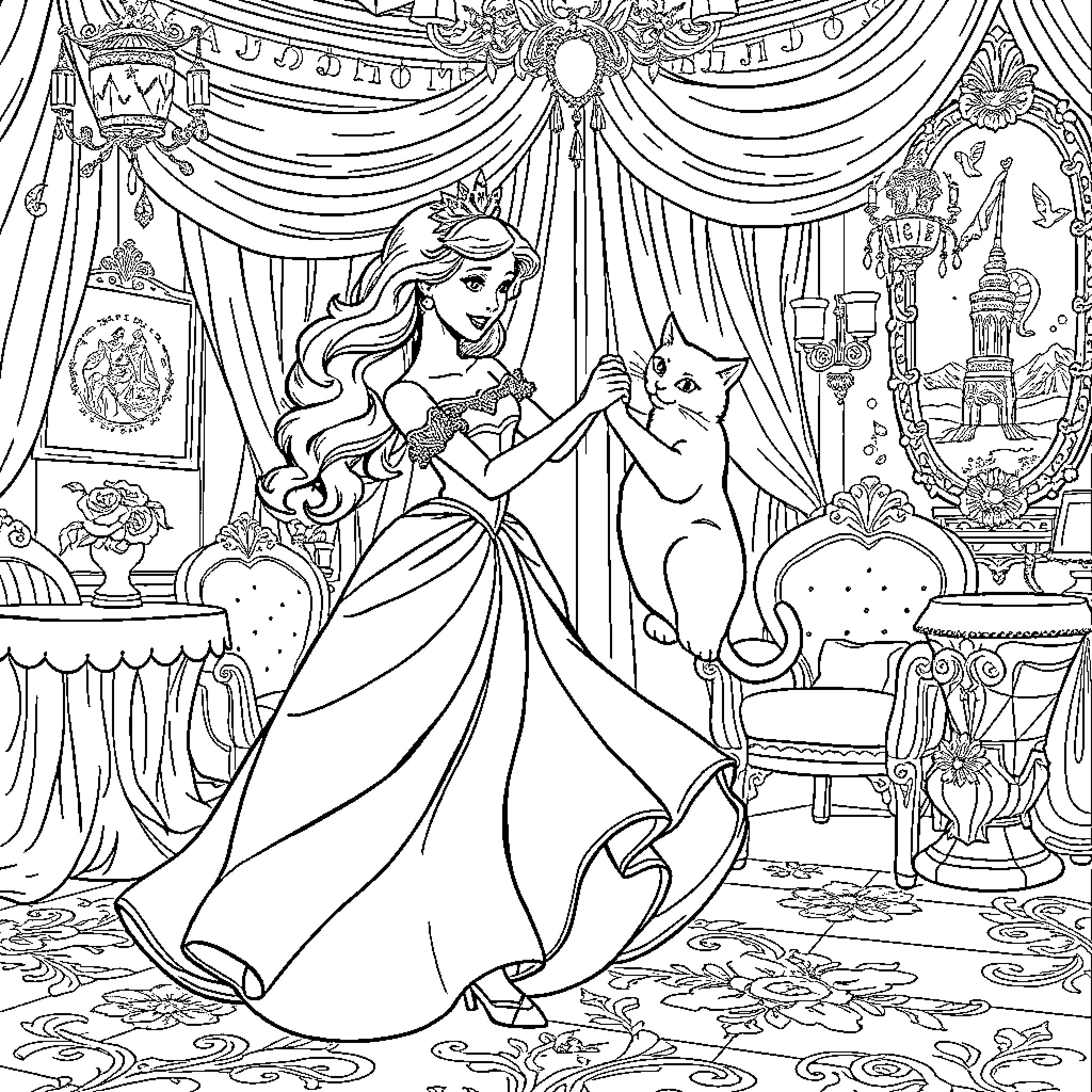 Princess interacting with her pet in a regal setting Coloring Page (free black-and-white line drawing printable PDF for all, from beginners to advanced learners, including children, teens, adults, and seniors)