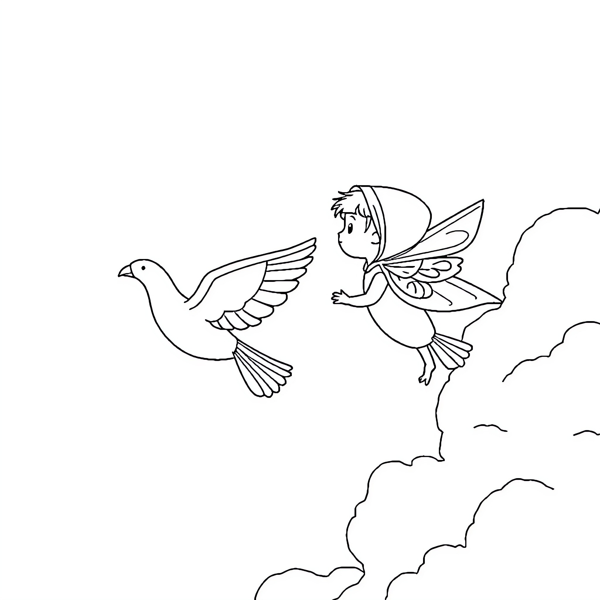 Child chasing after a dove in the sky Coloring Page (free black-and-white line drawing printable PDF for all, from beginners to advanced learners, including children, teens, adults, and seniors)