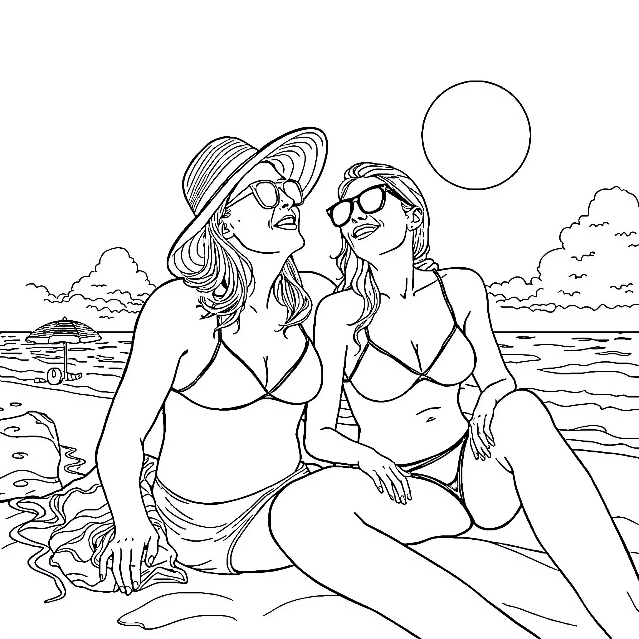 Adult friends enjoying a sunny day at the beach Coloring Page (free black-and-white line drawing printable PDF for all, from beginners to advanced learners, including children, teens, adults, and seniors)