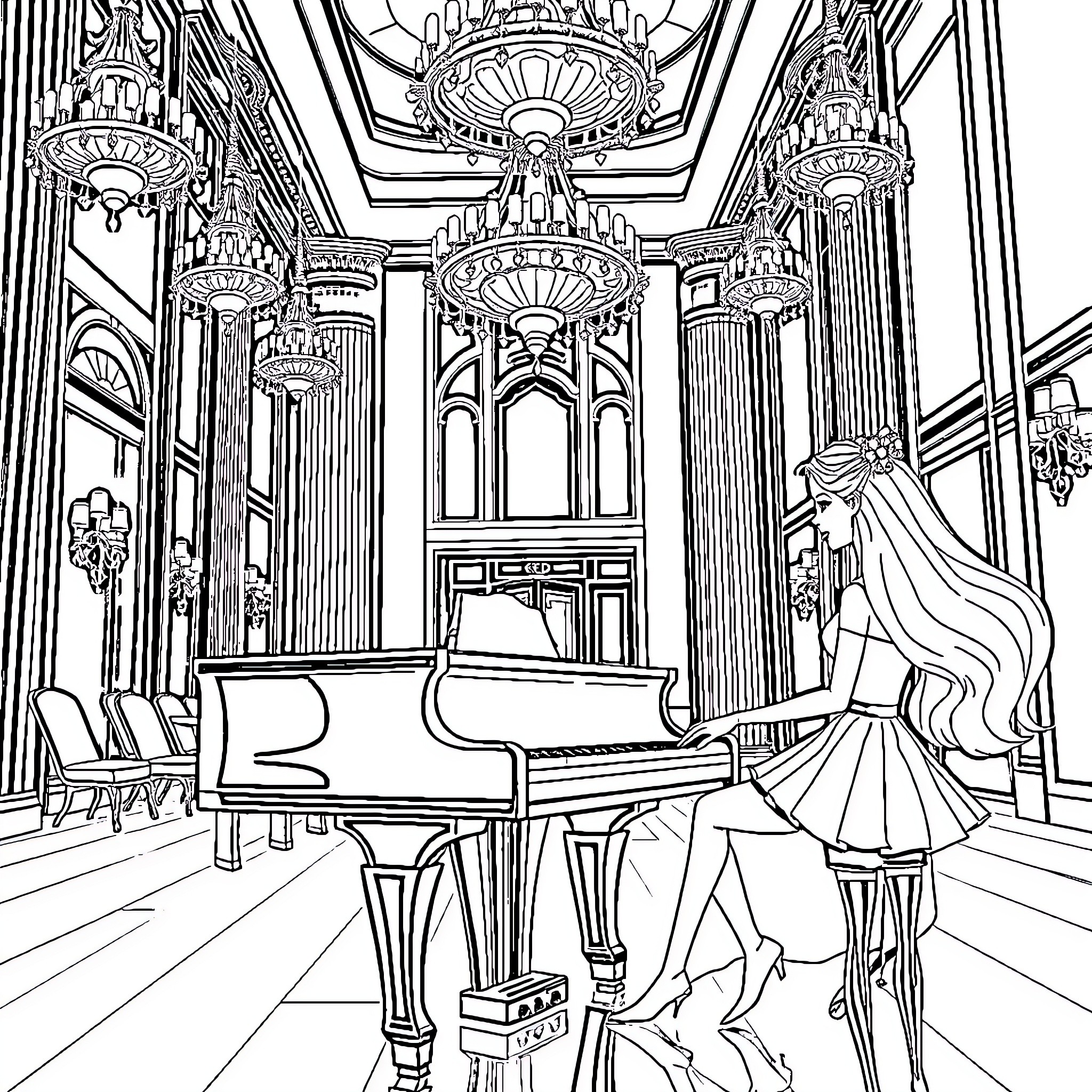 Barbie playing the piano in a grand palace Coloring Page (free black-and-white line drawing printable PDF for all, from beginners to advanced learners, including children, teens, adults, and seniors)