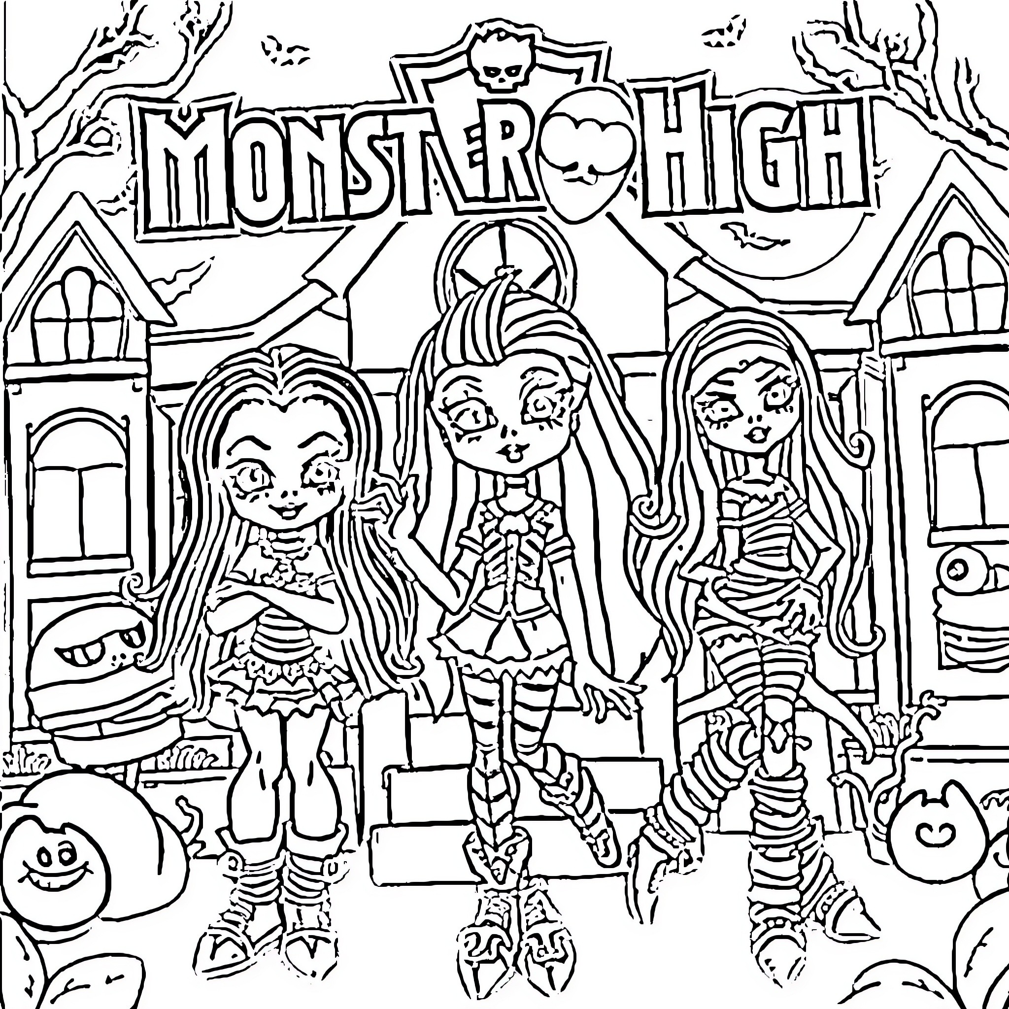 Monster High characters in front of the school Coloring Page (free black-and-white line drawing printable PDF for all, from beginners to advanced learners, including children, teens, adults, and seniors)