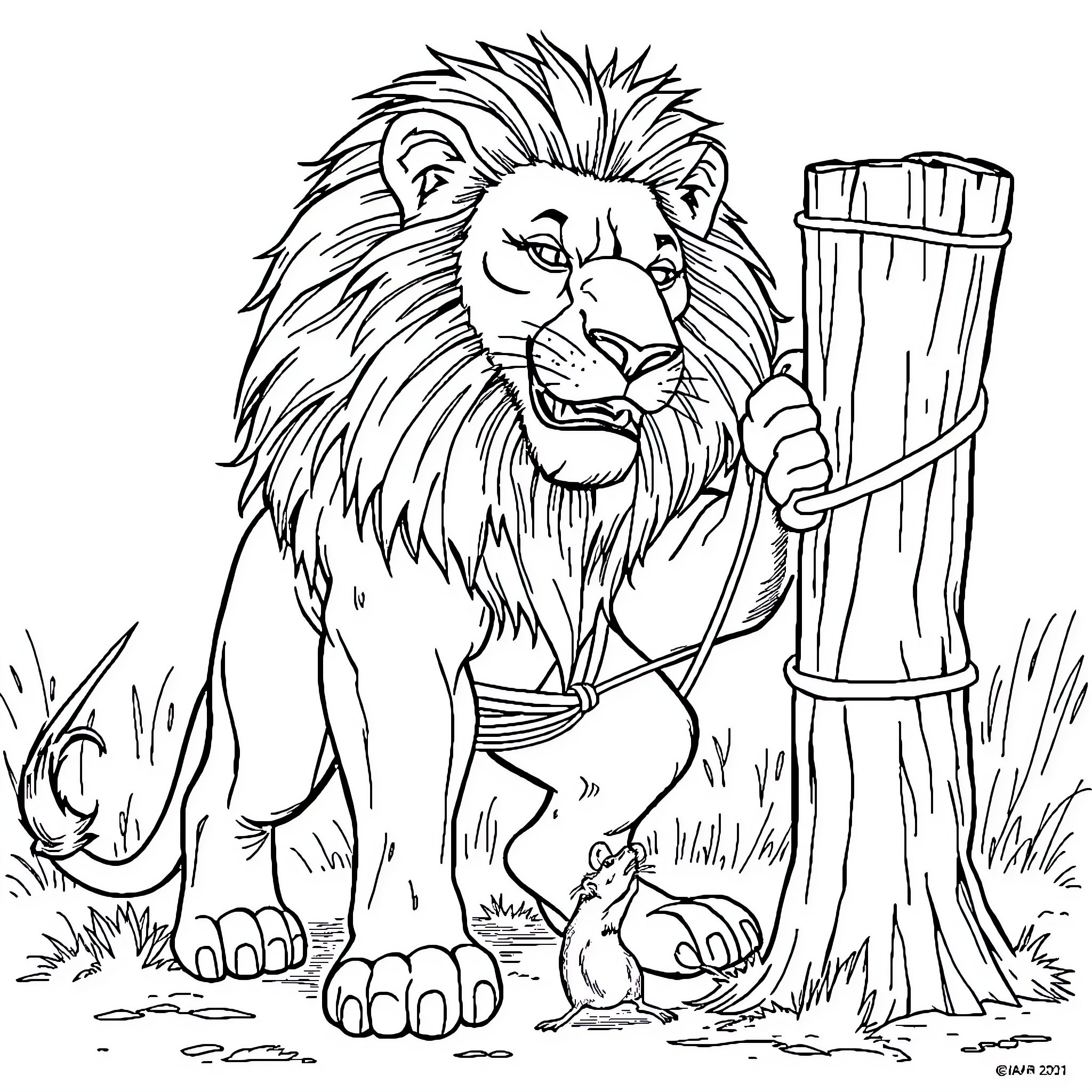 Lion standing near tree stump and animals Coloring Page (free black-and-white line drawing printable PDF for all, from beginners to advanced learners, including children, teens, adults, and seniors)