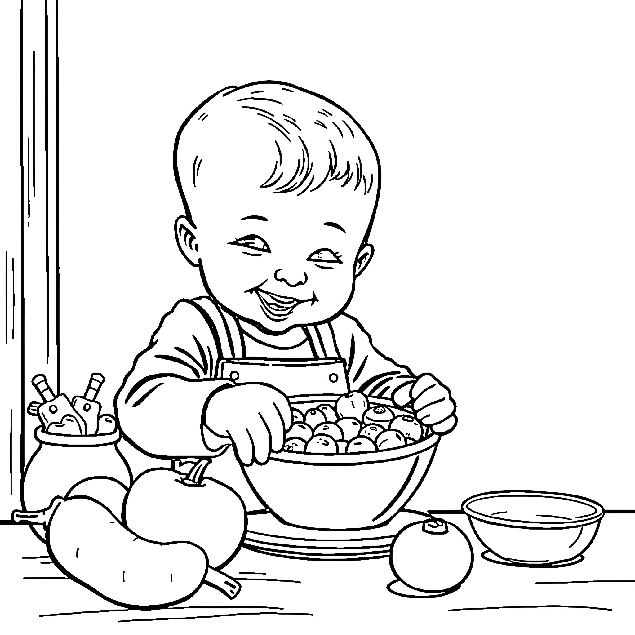 Baby enjoying a healthy snack in the kitchen Coloring Page (free black-and-white line drawing printable PDF for all, from beginners to advanced learners, including children, teens, adults, and seniors)
