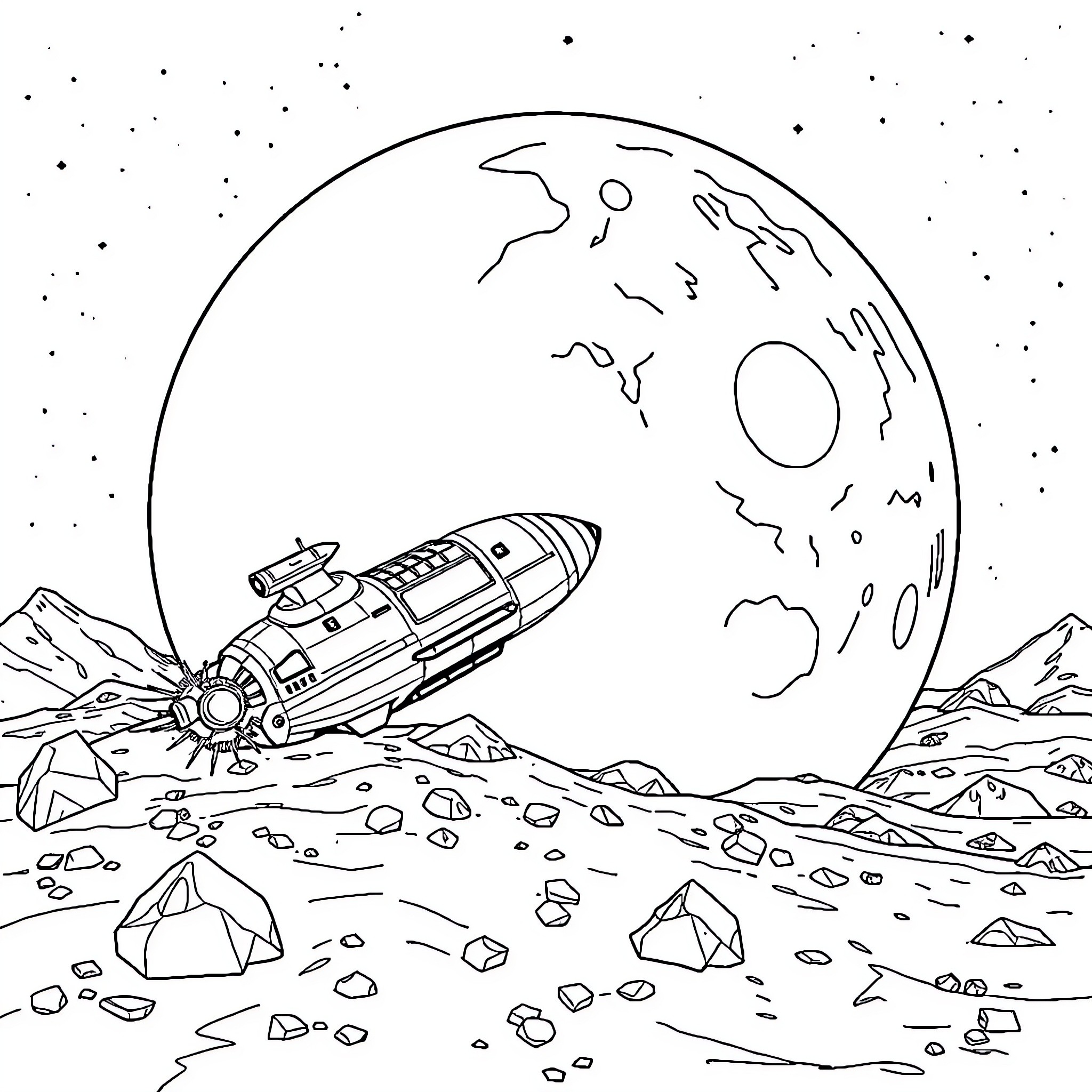 Spaceship exploring the lunar surface Coloring Page (free black-and-white line drawing printable PDF for all, from beginners to advanced learners, including children, teens, adults, and seniors)