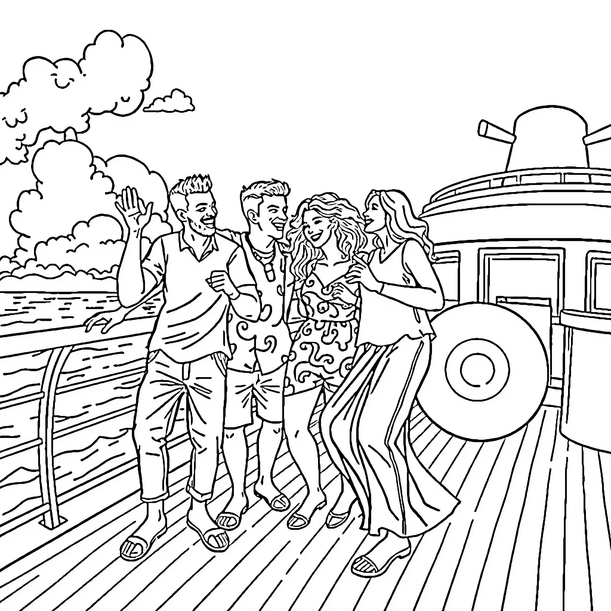Family enjoying a day on the boat Coloring Page (free black-and-white line drawing printable PDF for all, from beginners to advanced learners, including children, teens, adults, and seniors)