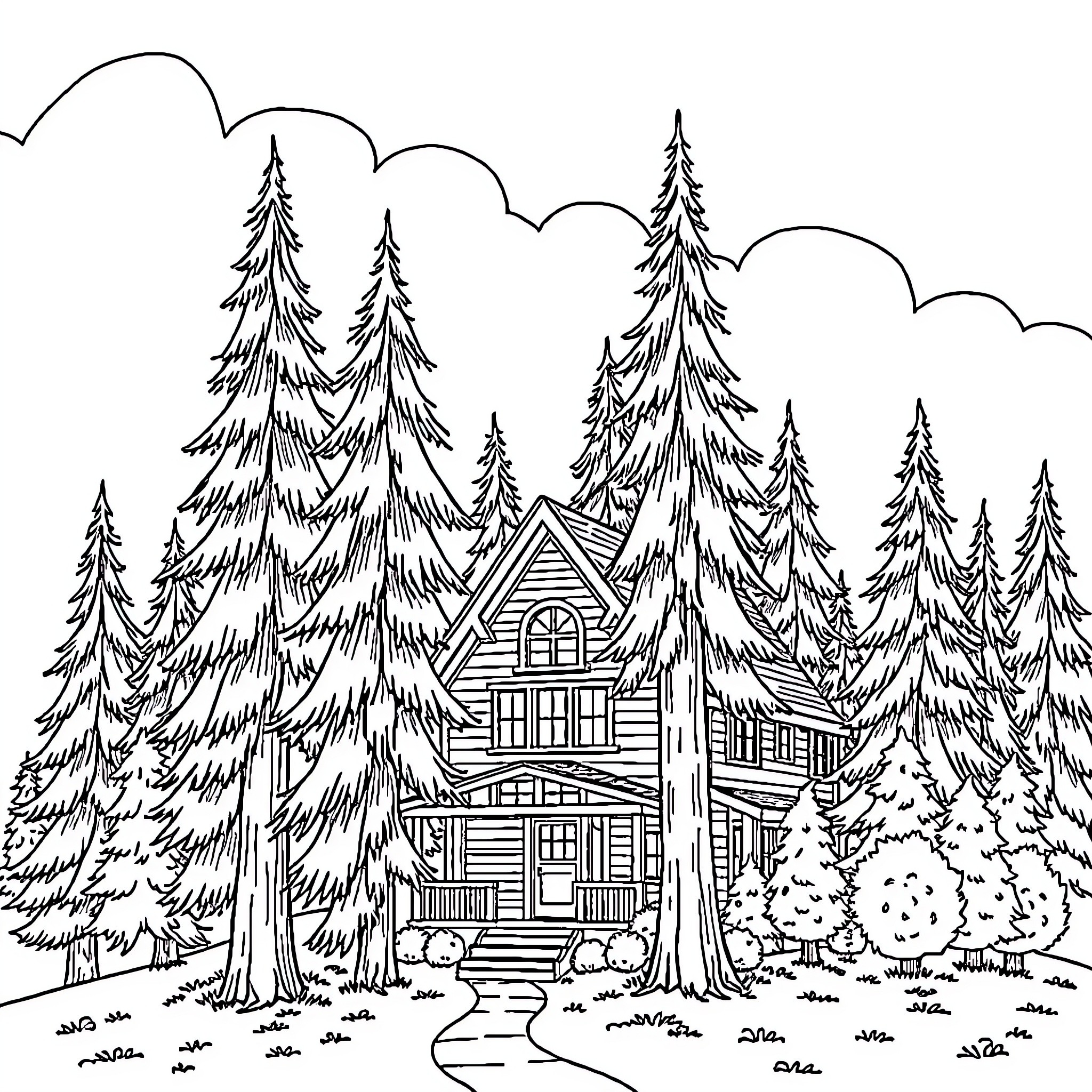 House surrounded by snowy pine trees in winter Coloring Page (free black-and-white line drawing printable PDF for all, from beginners to advanced learners, including children, teens, adults, and seniors)