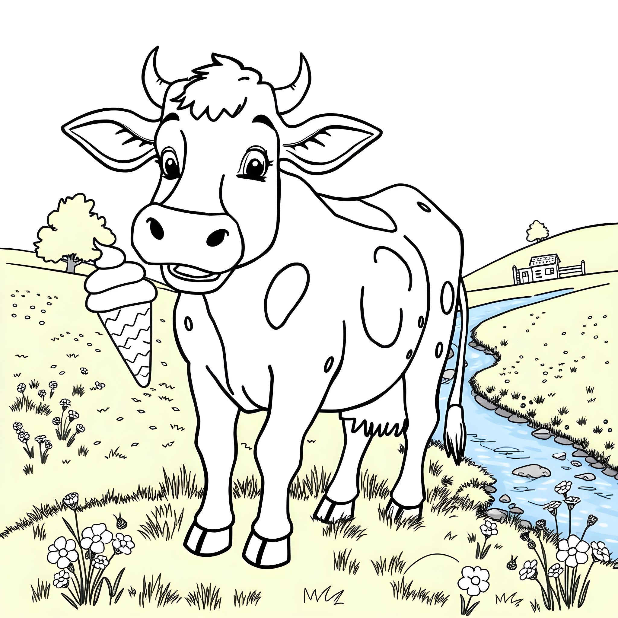 Cow standing happily in a pastoral scene Coloring Page (free black-and-white line drawing printable PDF for all, from beginners to advanced learners, including children, teens, adults, and seniors)