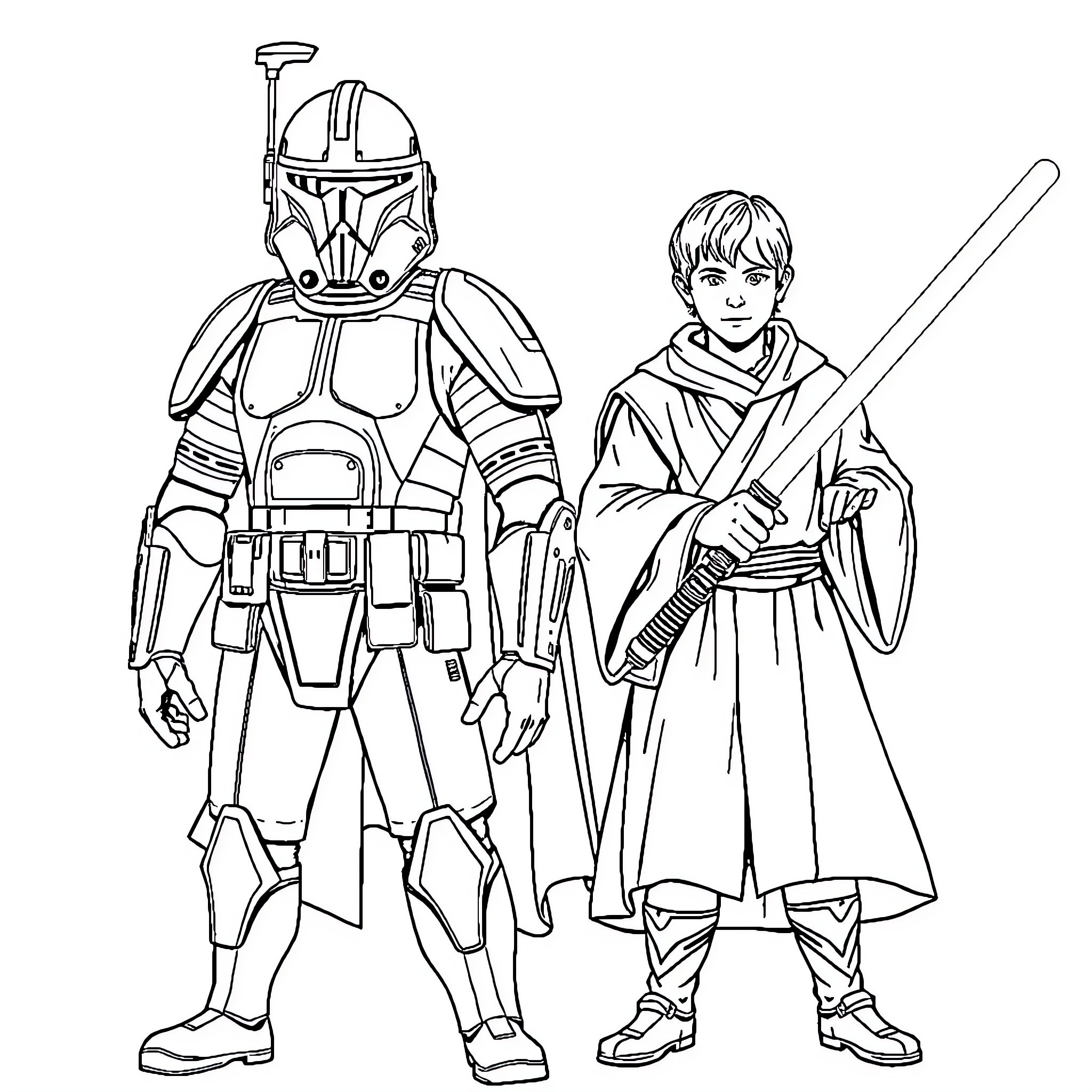 Captain Rex and Young Jedi Warrior in Battle Gear Coloring Page (free black-and-white line drawing printable PDF for all, from beginners to advanced learners, including children, teens, adults, and seniors)