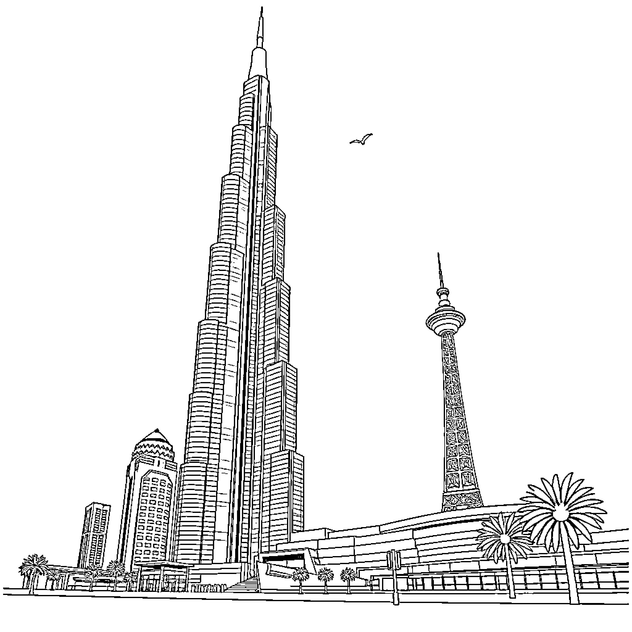 Burj Khalifa and surrounding skyscrapers in cityscape Coloring Page (free black-and-white line drawing printable PDF for all, from beginners to advanced learners, including children, teens, adults, and seniors)