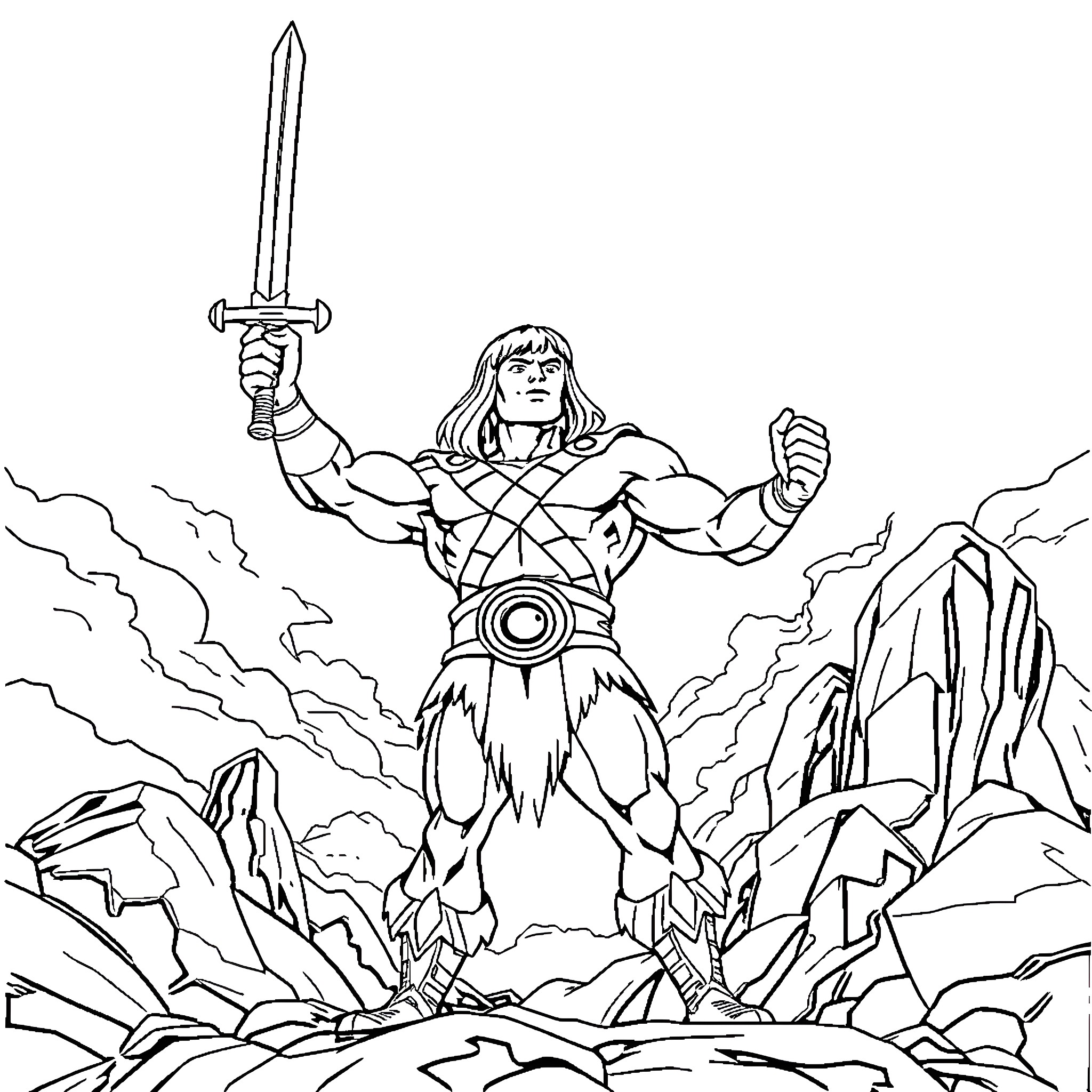 He-Man fighting heroically with sword in the mountains Coloring Page (free black-and-white line drawing printable PDF for all, from beginners to advanced learners, including children, teens, adults, and seniors)