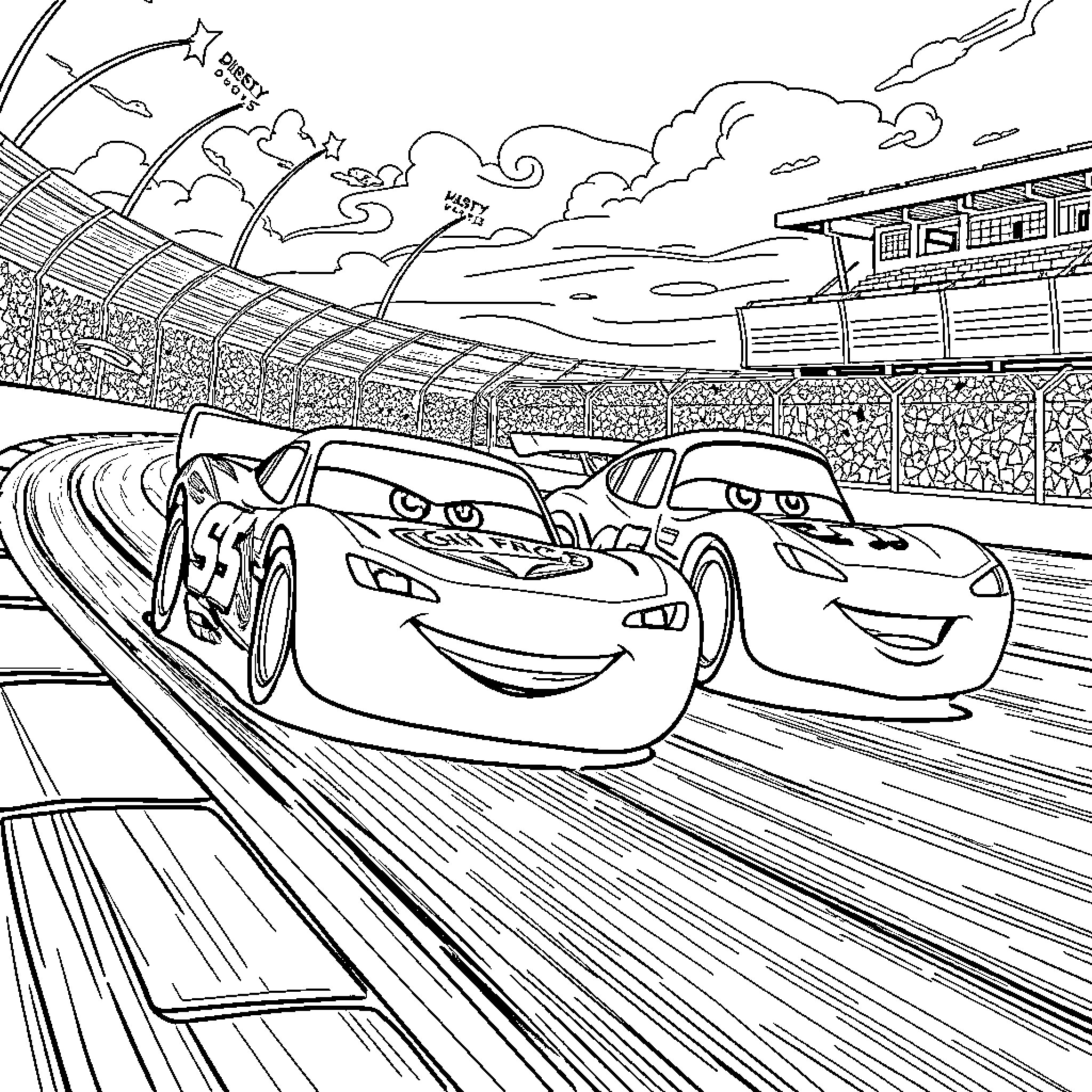 Lightning McQueen racing on the track with his friends Coloring Page (free black-and-white line drawing printable PDF for all, from beginners to advanced learners, including children, teens, adults, and seniors)