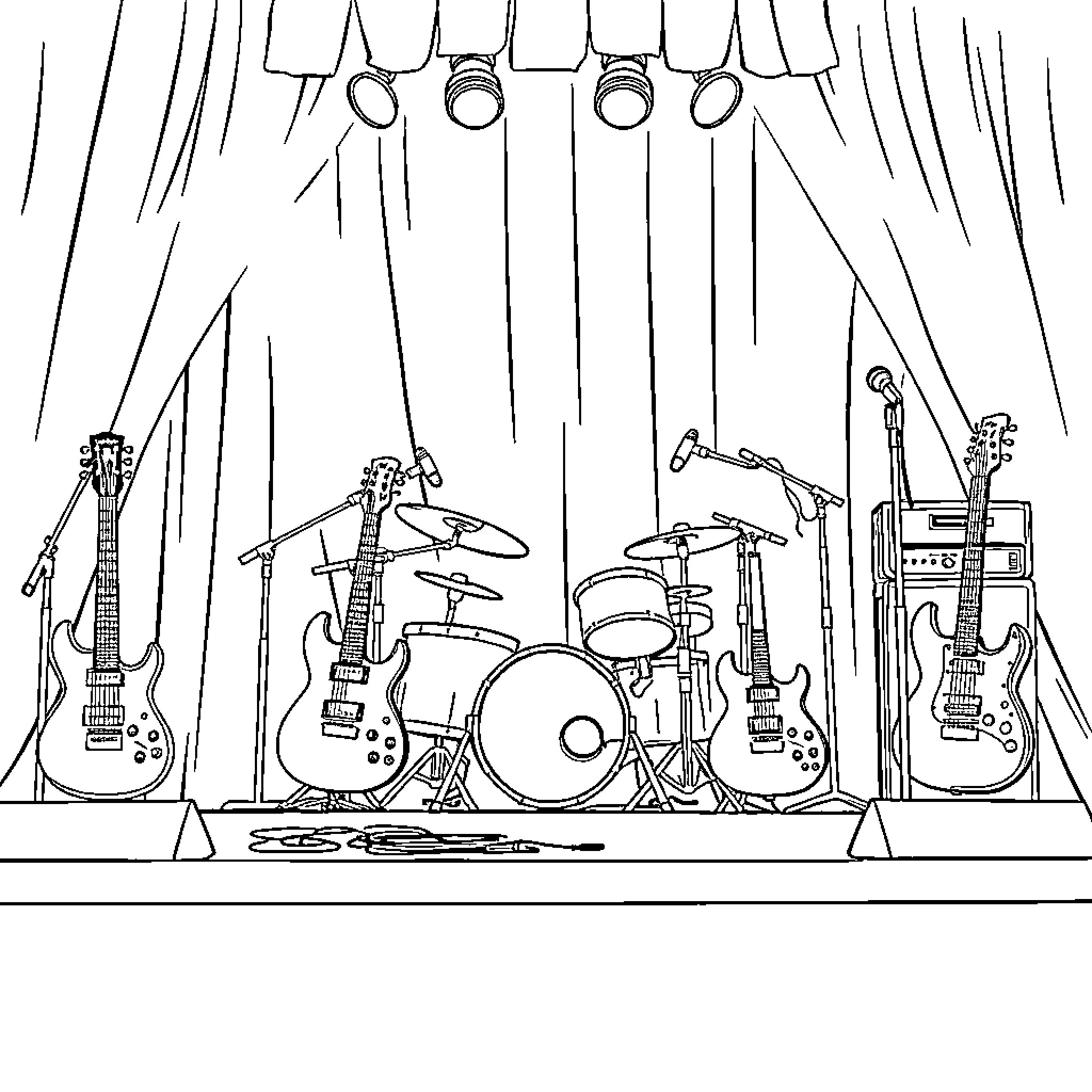 Instrument on Stage with Guitars and Drums Coloring Page (free black-and-white line drawing printable PDF for all, from beginners to advanced learners, including children, teens, adults, and seniors)
