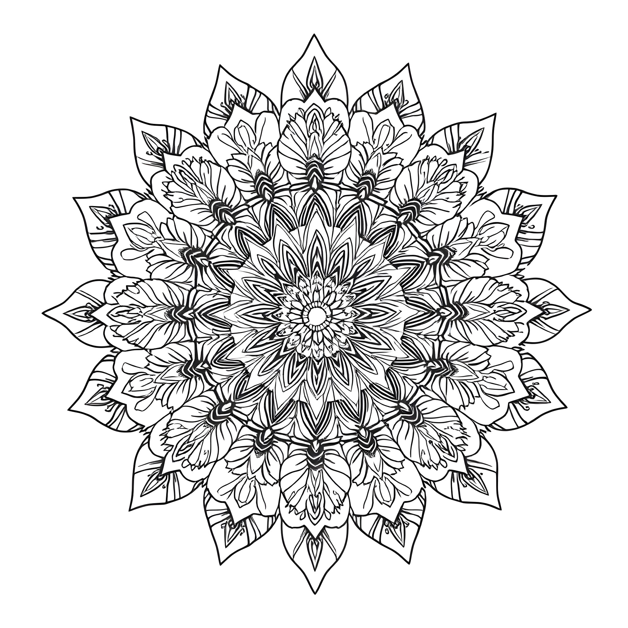 Flower Mandala with Intricate Floral Patterns Coloring Page (free black-and-white line drawing printable PDF for all, from beginners to advanced learners, including children, teens, adults, and seniors)