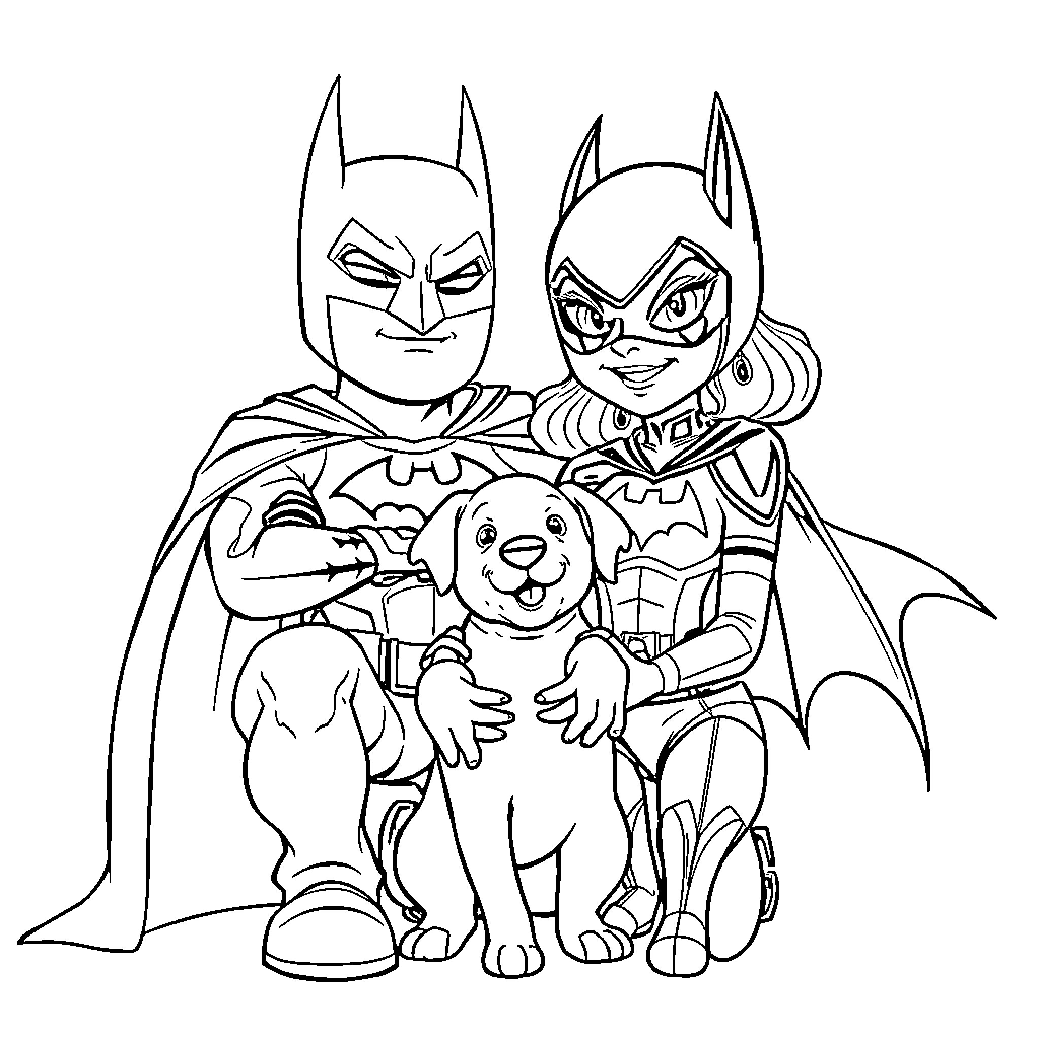 Batman and Batgirl with Puppy Adventure Coloring Page (free black-and-white line drawing printable PDF for all, from beginners to advanced learners, including children, teens, adults, and seniors)