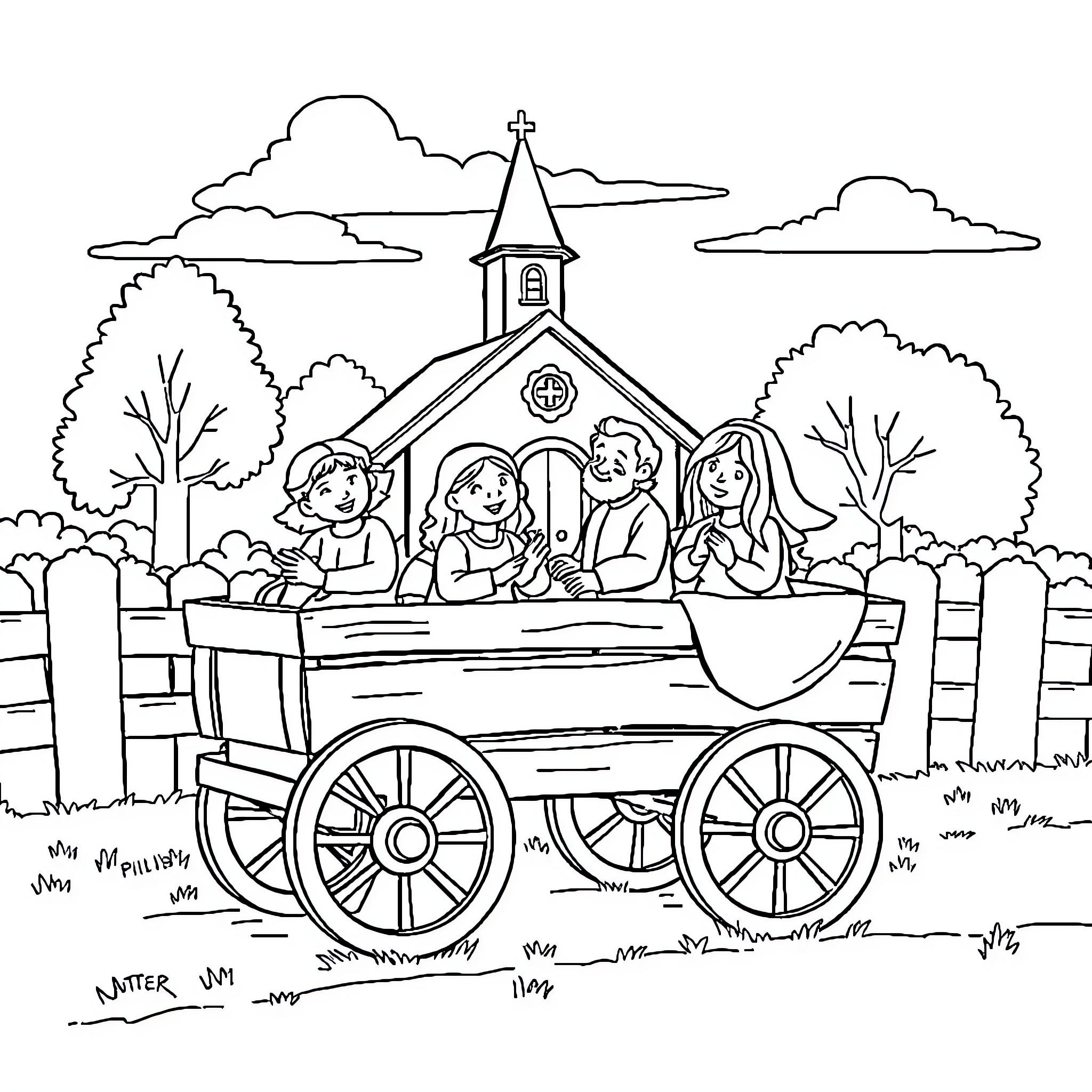 Wagon ride through the countryside Coloring Page (free black-and-white line drawing printable PDF for all, from beginners to advanced learners, including children, teens, adults, and seniors)