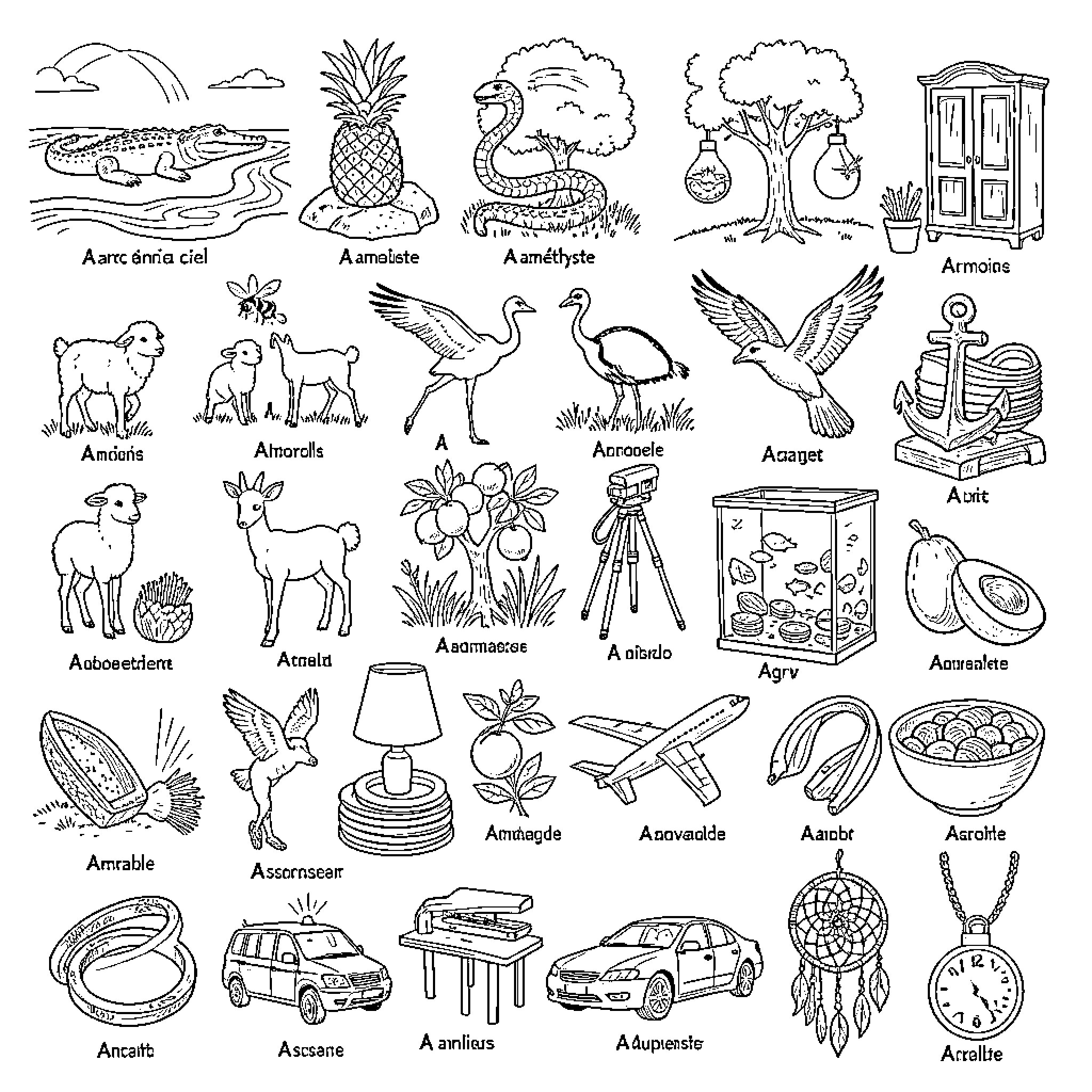 A collection of various animals and everyday objects Coloring Page (free black-and-white line drawing printable PDF for all, from beginners to advanced learners, including children, teens, adults, and seniors)