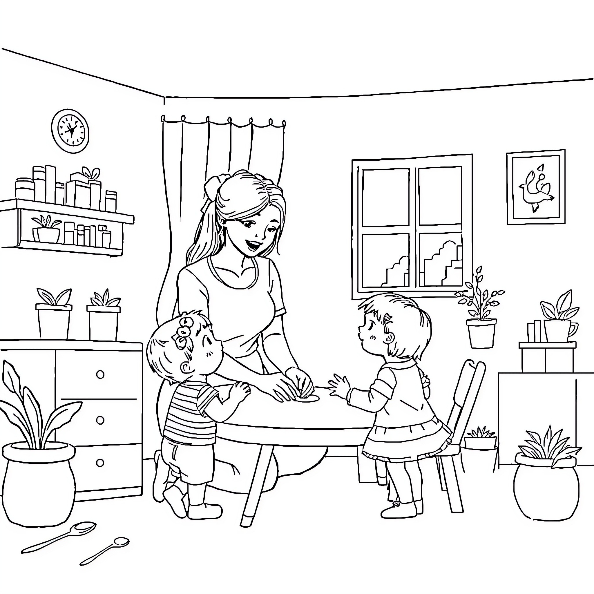 Assistante Maternelle caring for children in cozy home setting Coloring Page (free black-and-white line drawing printable PDF for all, from beginners to advanced learners, including children, teens, adults, and seniors)