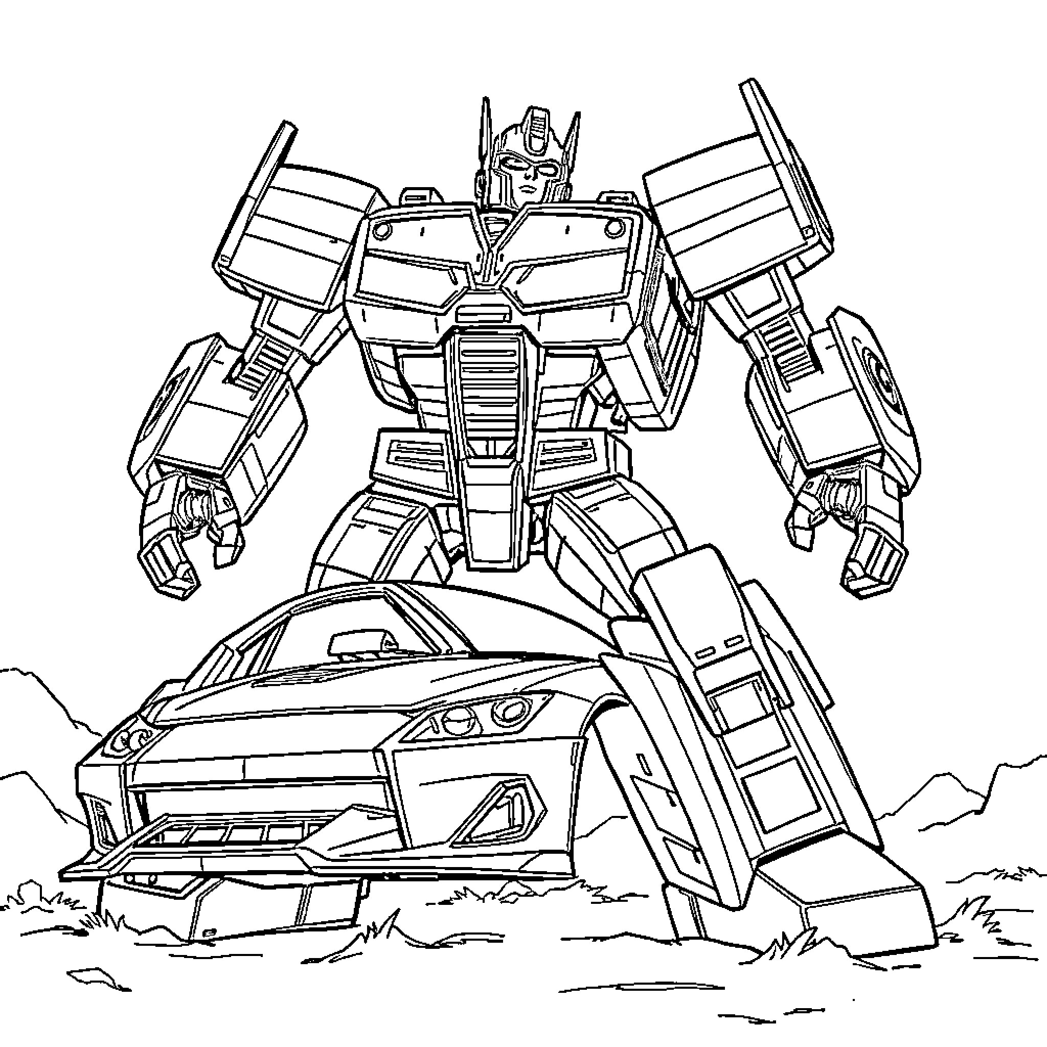 Transformer robot in action with vehicle form Coloring Page (free black-and-white line drawing printable PDF for all, from beginners to advanced learners, including children, teens, adults, and seniors)