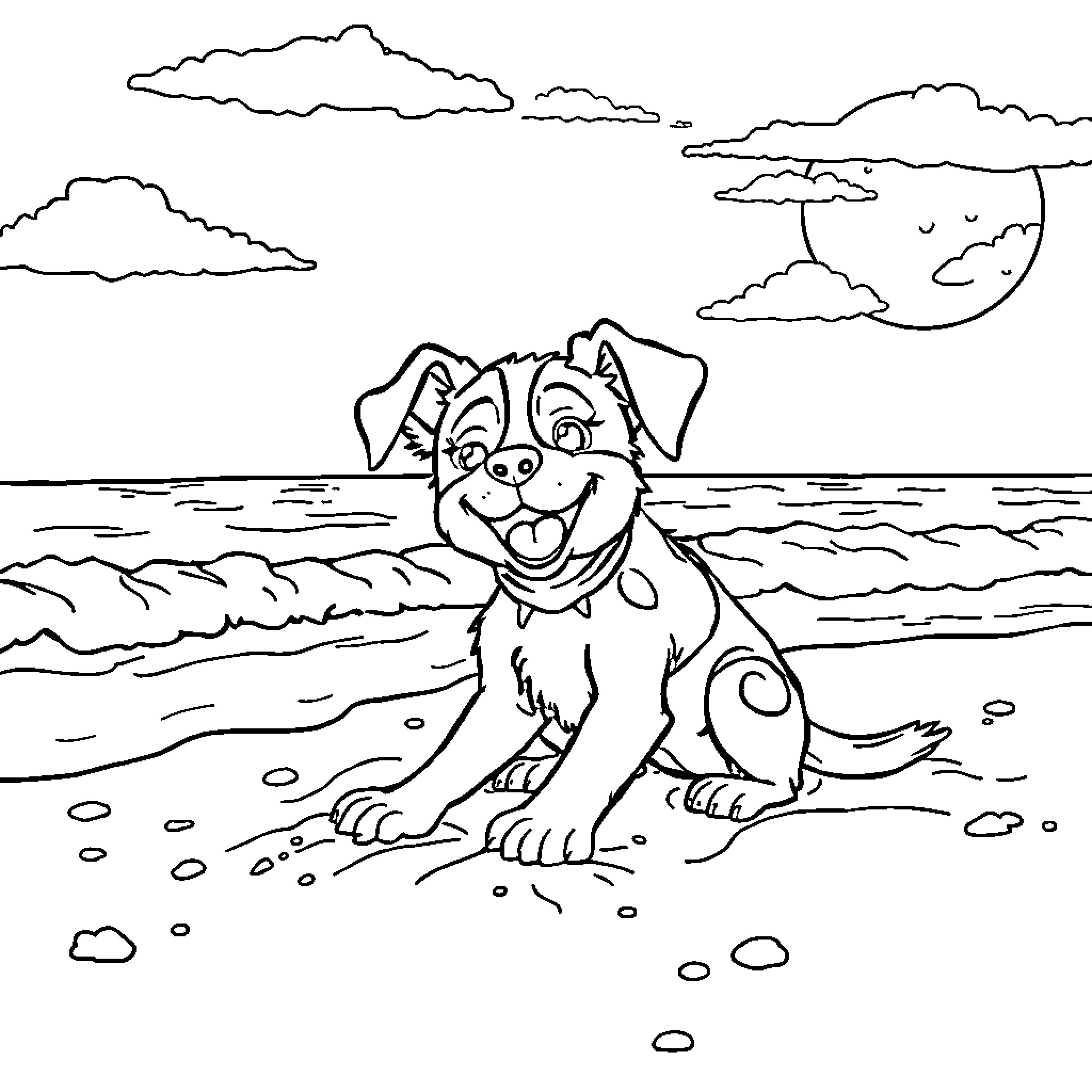 Huntrix enjoying the seaside with a friendly pup Coloring Page (free black-and-white line drawing printable PDF for all, from beginners to advanced learners, including children, teens, adults, and seniors)