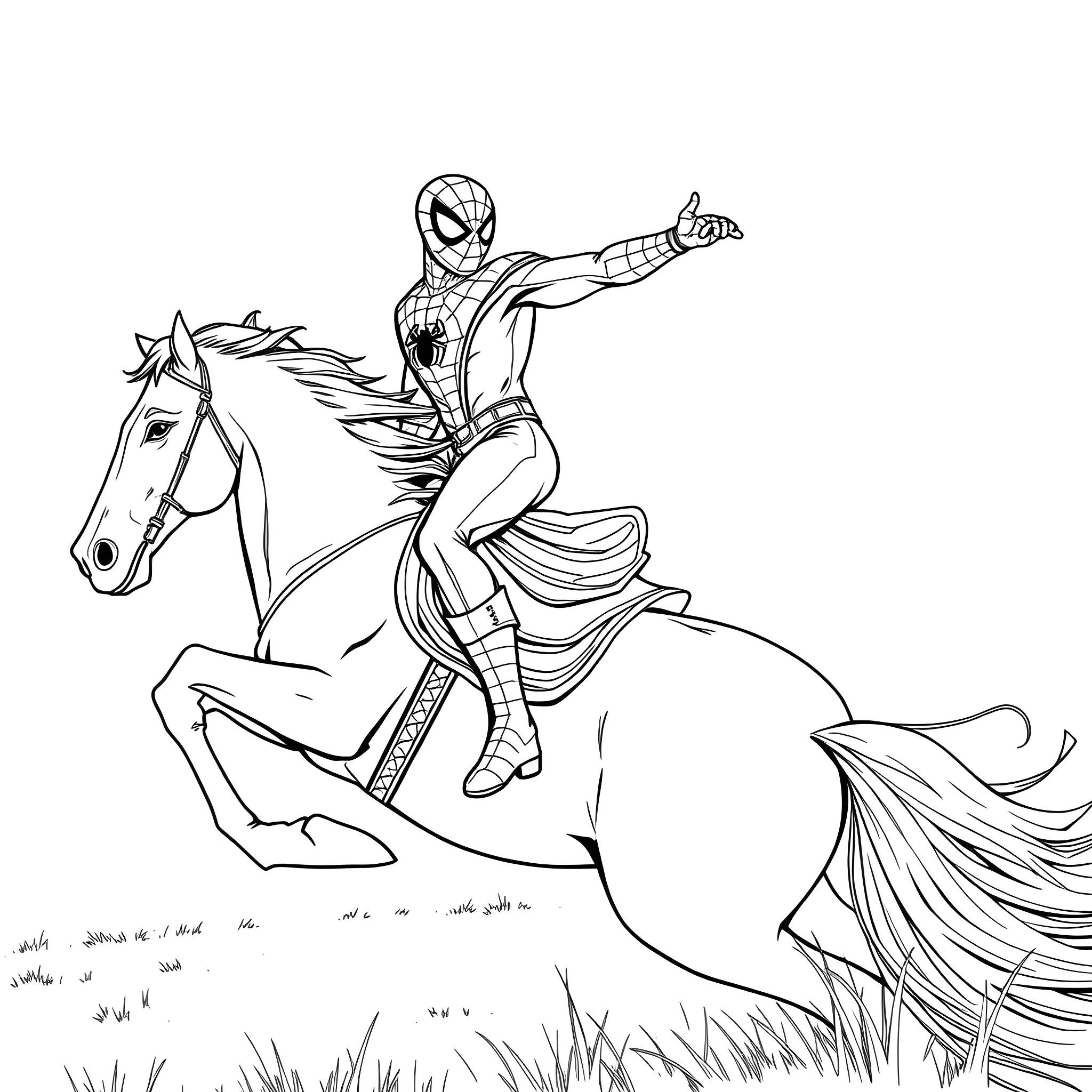 Spiderman riding a magnificent horse through the meadow Coloring Page (free black-and-white line drawing printable PDF for all, from beginners to advanced learners, including children, teens, adults, and seniors)