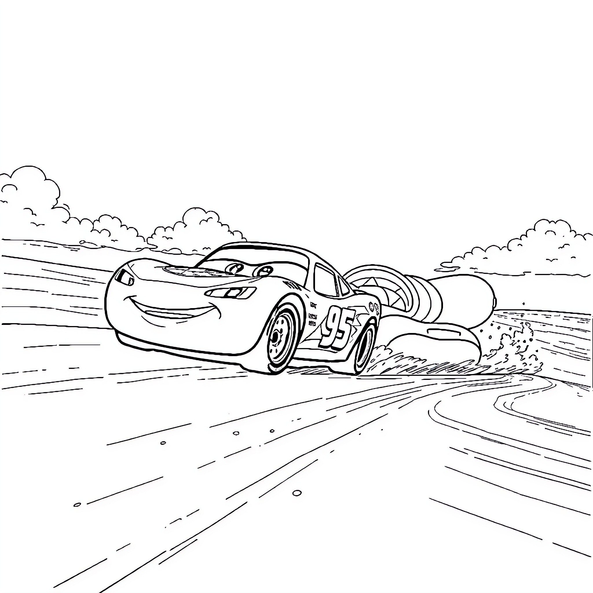 Lightning McQueen racing fast on the track Coloring Page (free black-and-white line drawing printable PDF for all, from beginners to advanced learners, including children, teens, adults, and seniors)