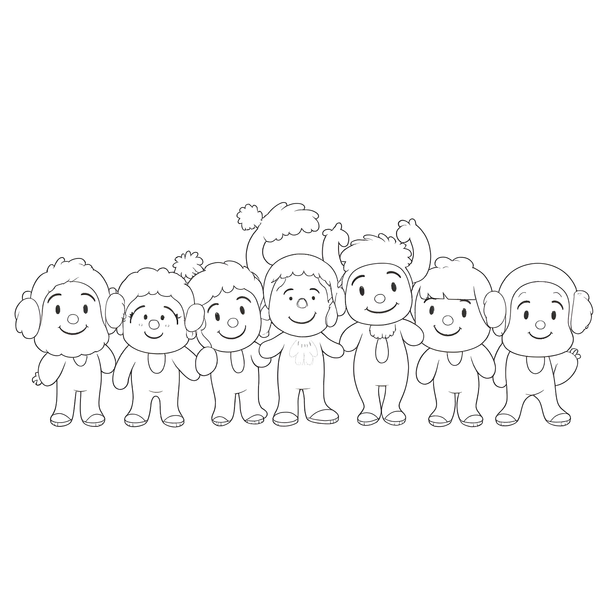 Kid characters in a line with cheerful expressions Coloring Page (free black-and-white line drawing printable PDF for all, from beginners to advanced learners, including children, teens, adults, and seniors)
