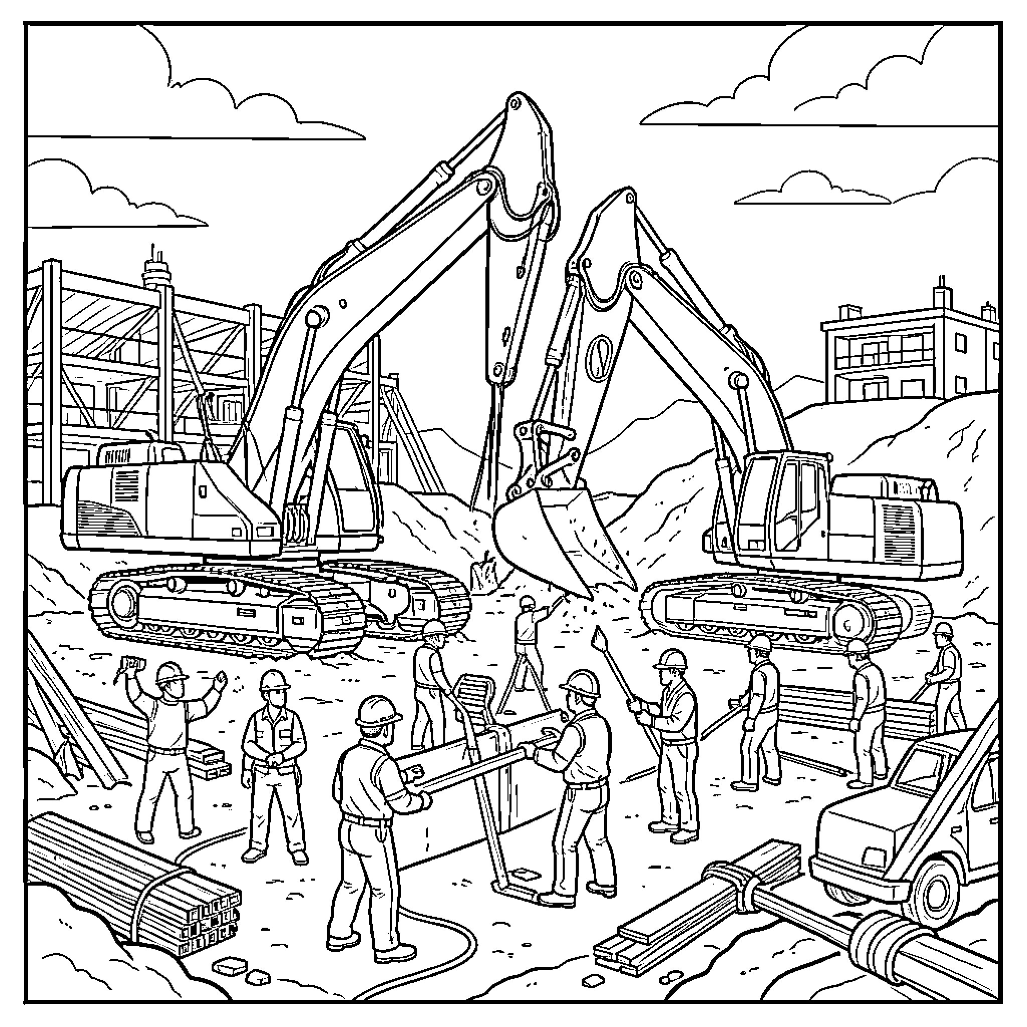 Chantier with heavy excavators and construction workers working Coloring Page (free black-and-white line drawing printable PDF for all, from beginners to advanced learners, including children, teens, adults, and seniors)