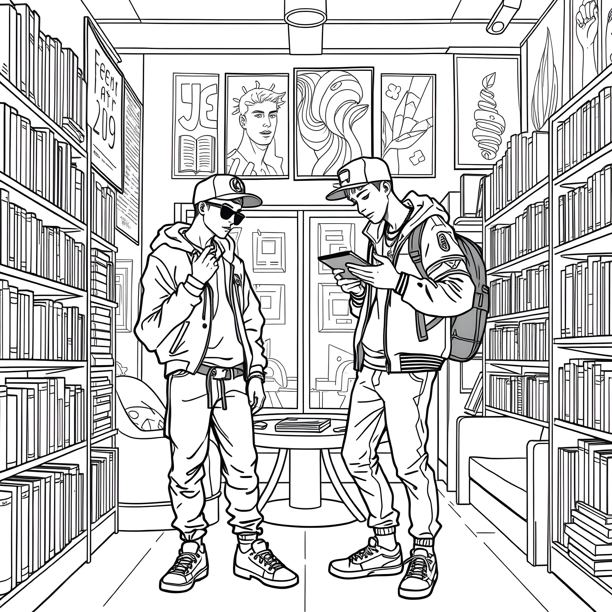 Teen Guys Browsing Books in Library Coloring Page (free black-and-white line drawing printable PDF for all, from beginners to advanced learners, including children, teens, adults, and seniors)