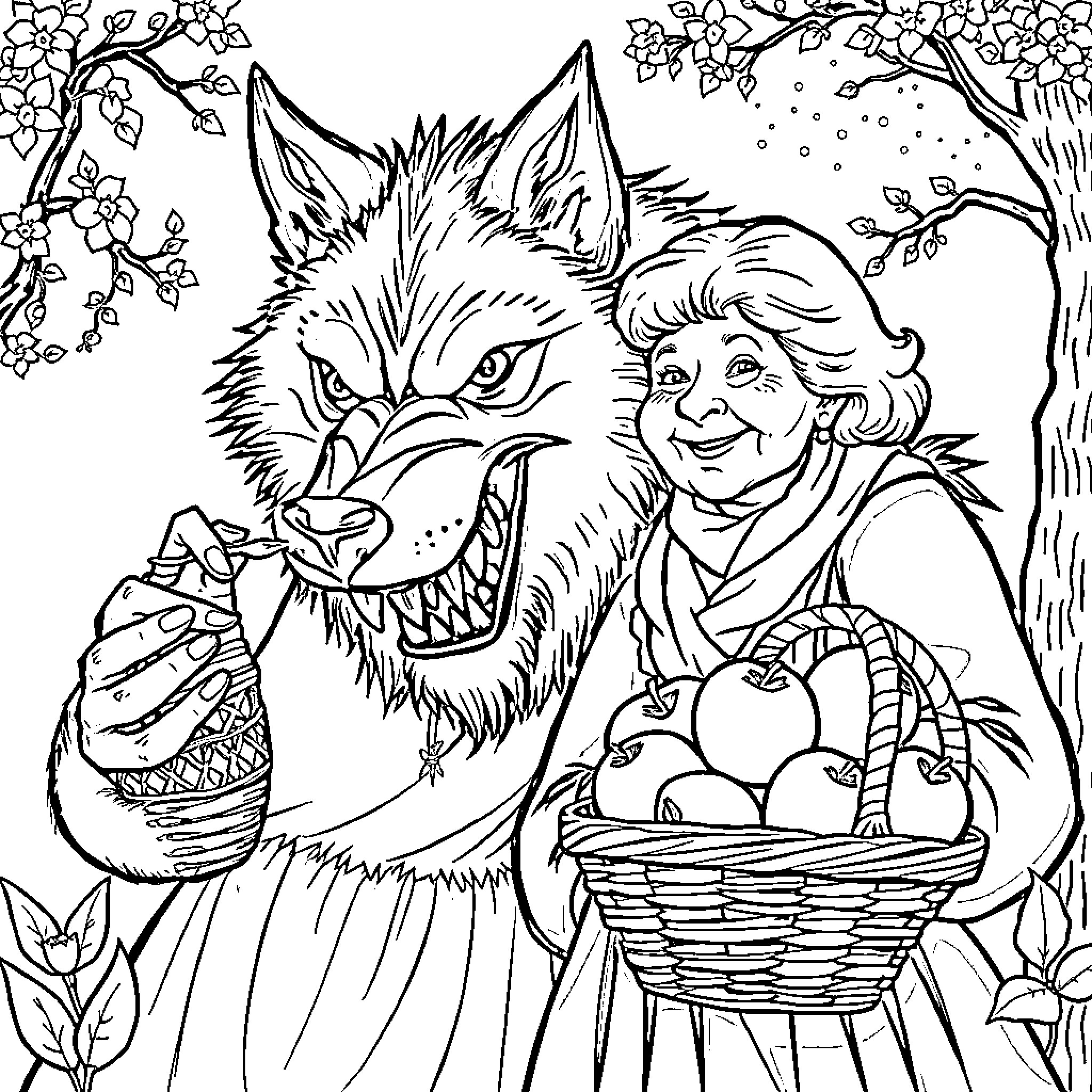 Wolf Encounters Elderly Woman in the Forest Coloring Page (free black-and-white line drawing printable PDF for all, from beginners to advanced learners, including children, teens, adults, and seniors)