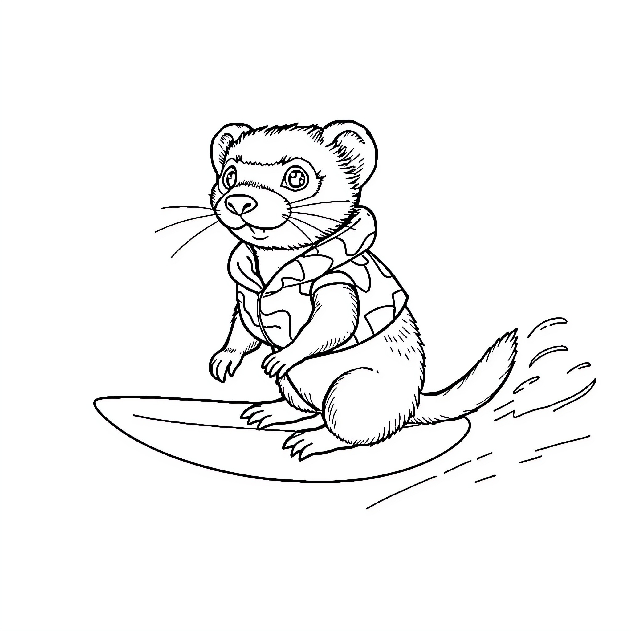 Ferret Surfing on a Wave Coloring Page (free black-and-white line drawing printable PDF for all, from beginners to advanced learners, including children, teens, adults, and seniors)