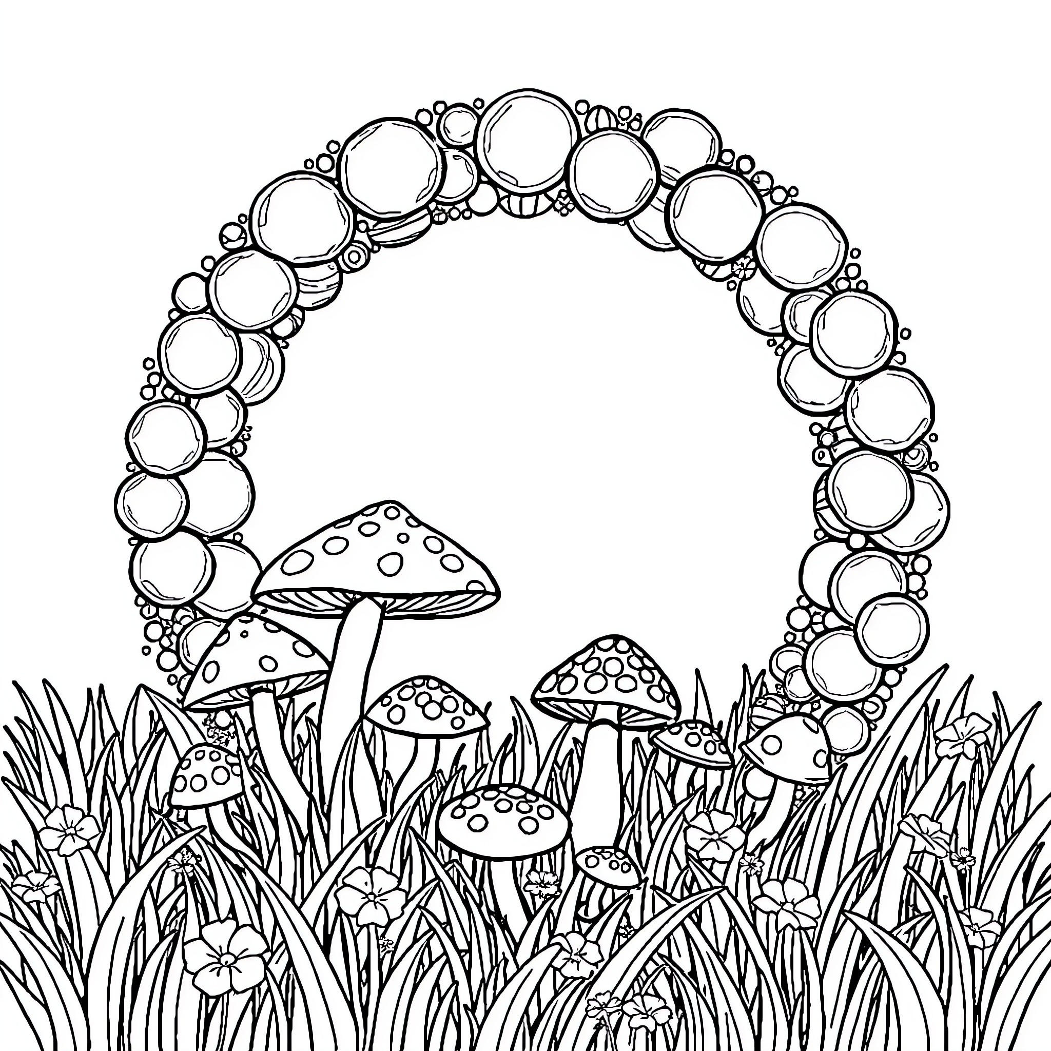 Mushroom Arch in the Enchanted Forest Coloring Page (free black-and-white line drawing printable PDF for all, from beginners to advanced learners, including children, teens, adults, and seniors)