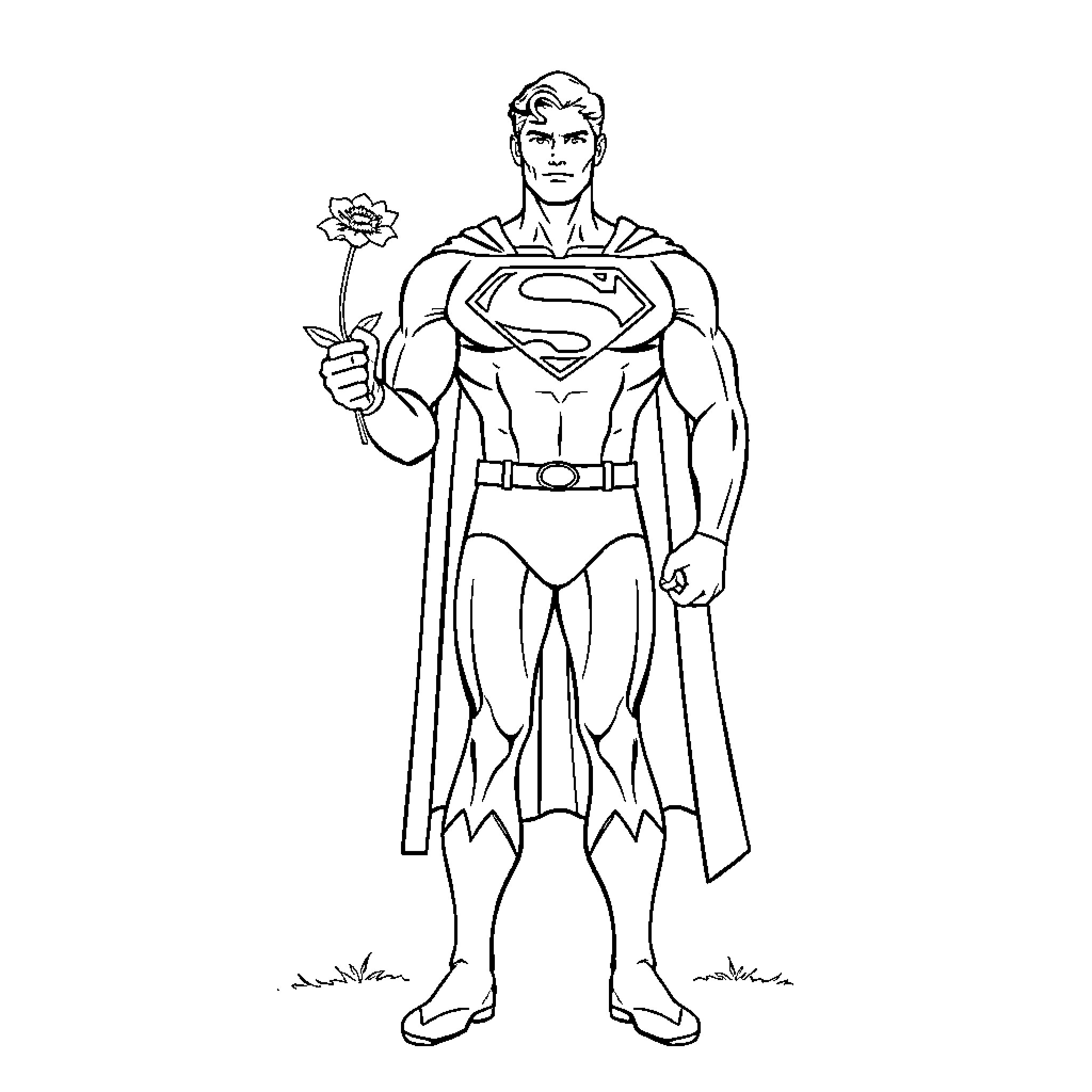Superman offering a rose with heroic pose Coloring Page (free black-and-white line drawing printable PDF for all, from beginners to advanced learners, including children, teens, adults, and seniors)