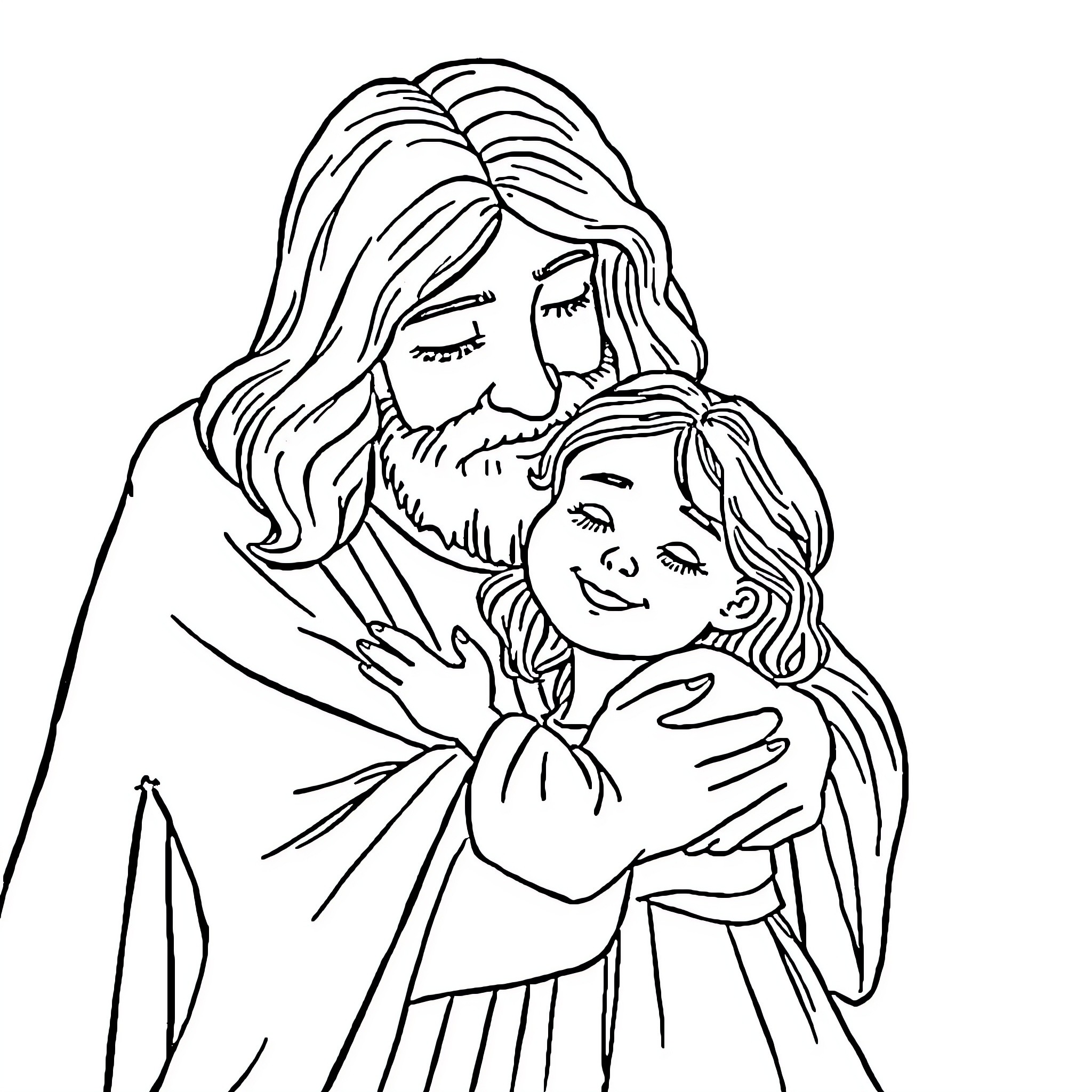 God's Embrace: A Loving Father and Child Coloring Page (free black-and-white line drawing printable PDF for all, from beginners to advanced learners, including children, teens, adults, and seniors)