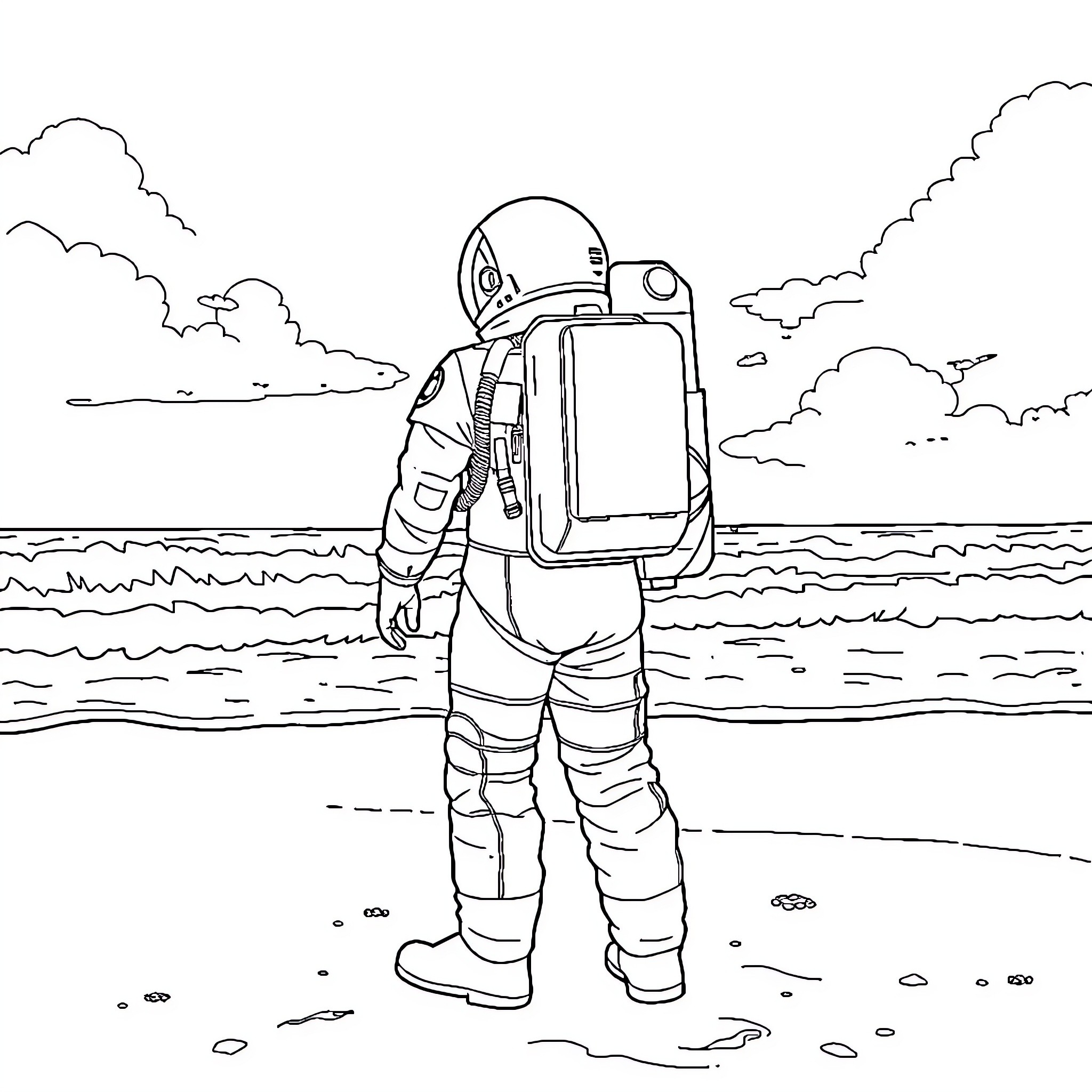Astronaut exploring the coastline in space suit Coloring Page (free black-and-white line drawing printable PDF for all, from beginners to advanced learners, including children, teens, adults, and seniors)