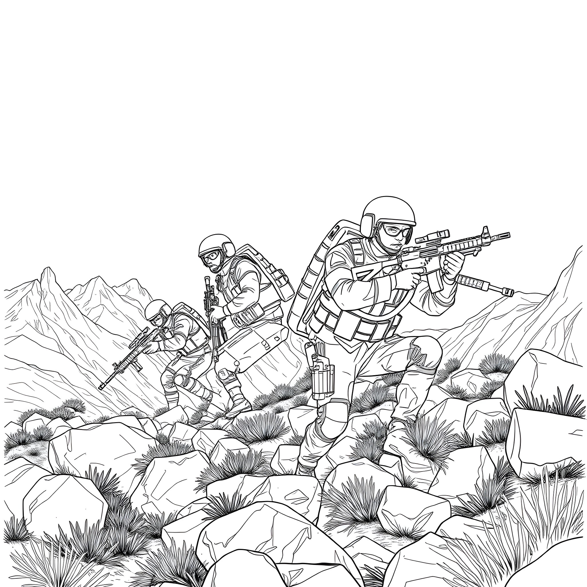 Delta Force Soldiers on Mountain Terrain Mission Coloring Page (free black-and-white line drawing printable PDF for all, from beginners to advanced learners, including children, teens, adults, and seniors)