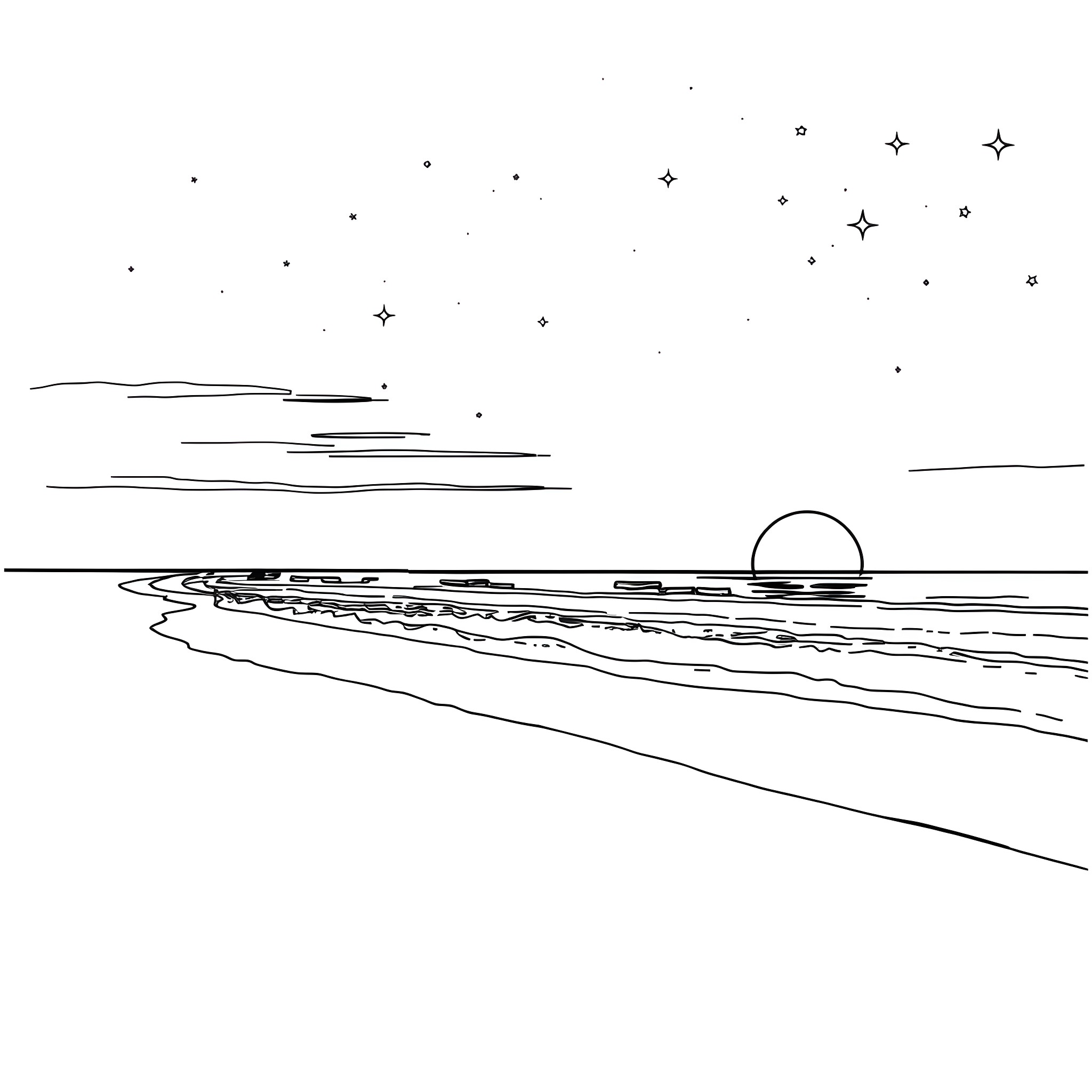 Sun, Moon, and Stars over Coastal Landscape Coloring Page (free black-and-white line drawing printable PDF for all, from beginners to advanced learners, including children, teens, adults, and seniors)