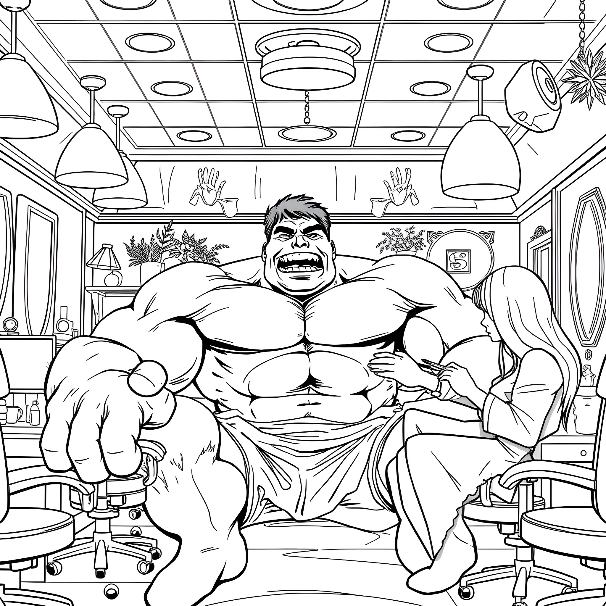 Hulk smashing through the office Coloring Page (free black-and-white line drawing printable PDF for all, from beginners to advanced learners, including children, teens, adults, and seniors)